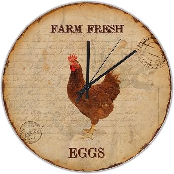 Farm Fresh Rooster Eggs Clock Love Chicken Hanging Wall Clock Battery Operated Silent Quartz 15 inch Shabby Chic Farmhouse Wooden Wall Clock Decoration for Living Room Kitchen Bedroom Home Office