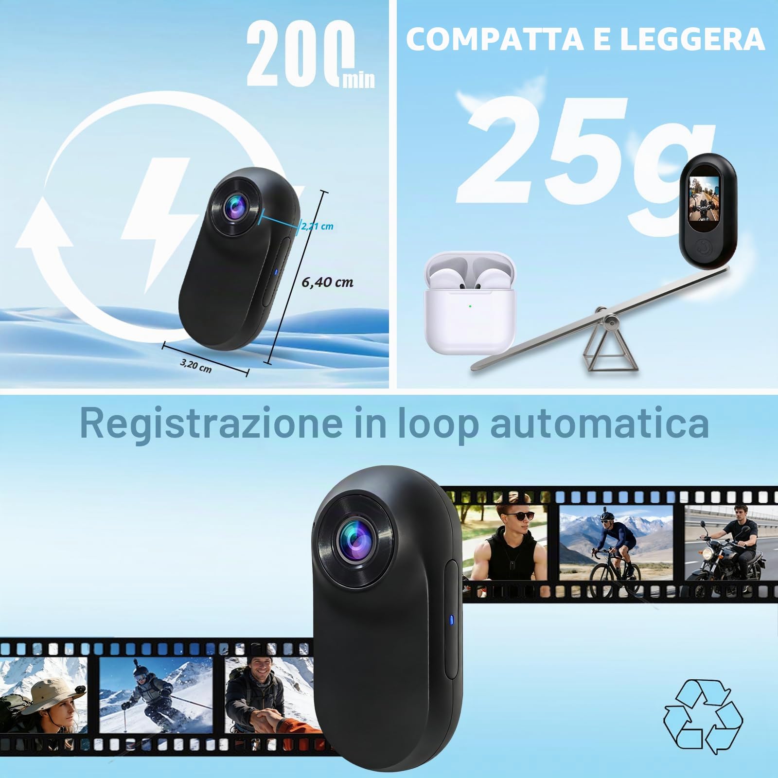 Mini Action Cam Portatile, Body Cam Ultraleggera, POV Camera con Memoria Integrata 32GB, Bodycam Multifunzionale Ideale per Viaggi, Ciclismo ed Escursioni Outdoor(Blu Marino)