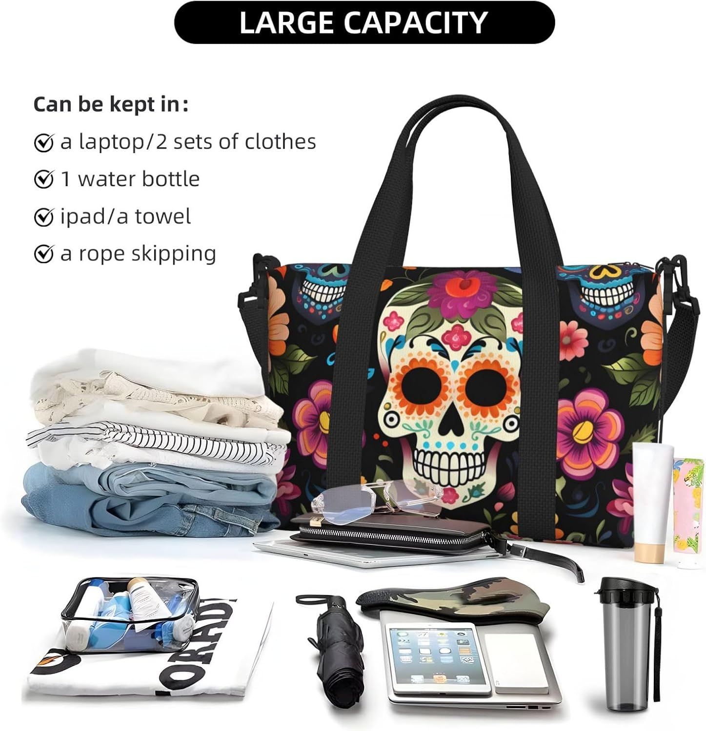 Day Of The Dead Travel Duffel Bag Sugar Skull Flower Carry On Tote Bag for Women Large Shoulder Weekender Overnight Bag Sports Gym Bag