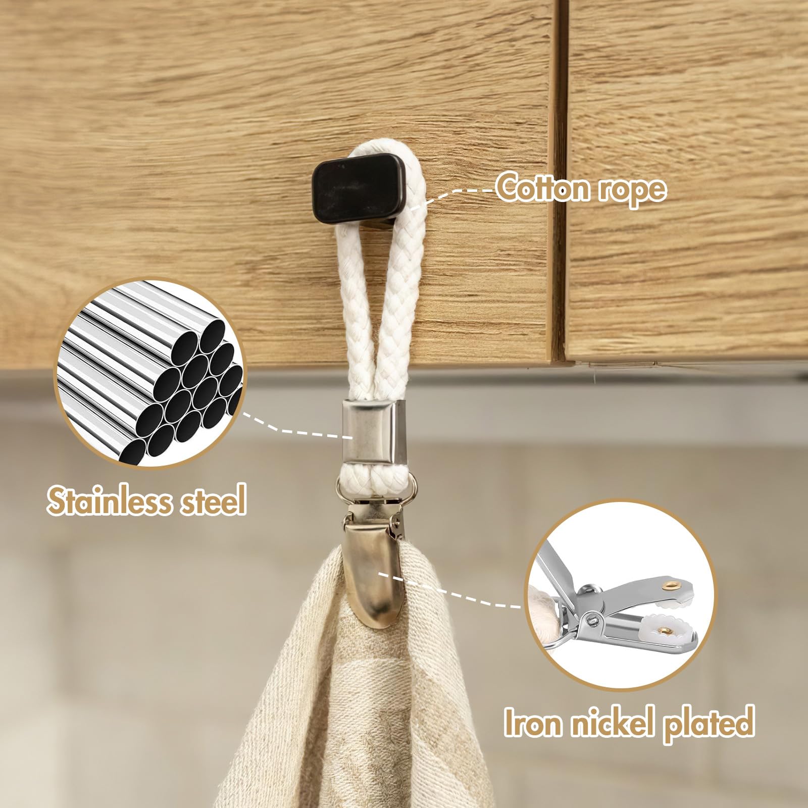10Pack Metal Clamp Cotton Rope Tea Towel Hanging Clips for Kitchen Bathroom & Beach, White - Image 4