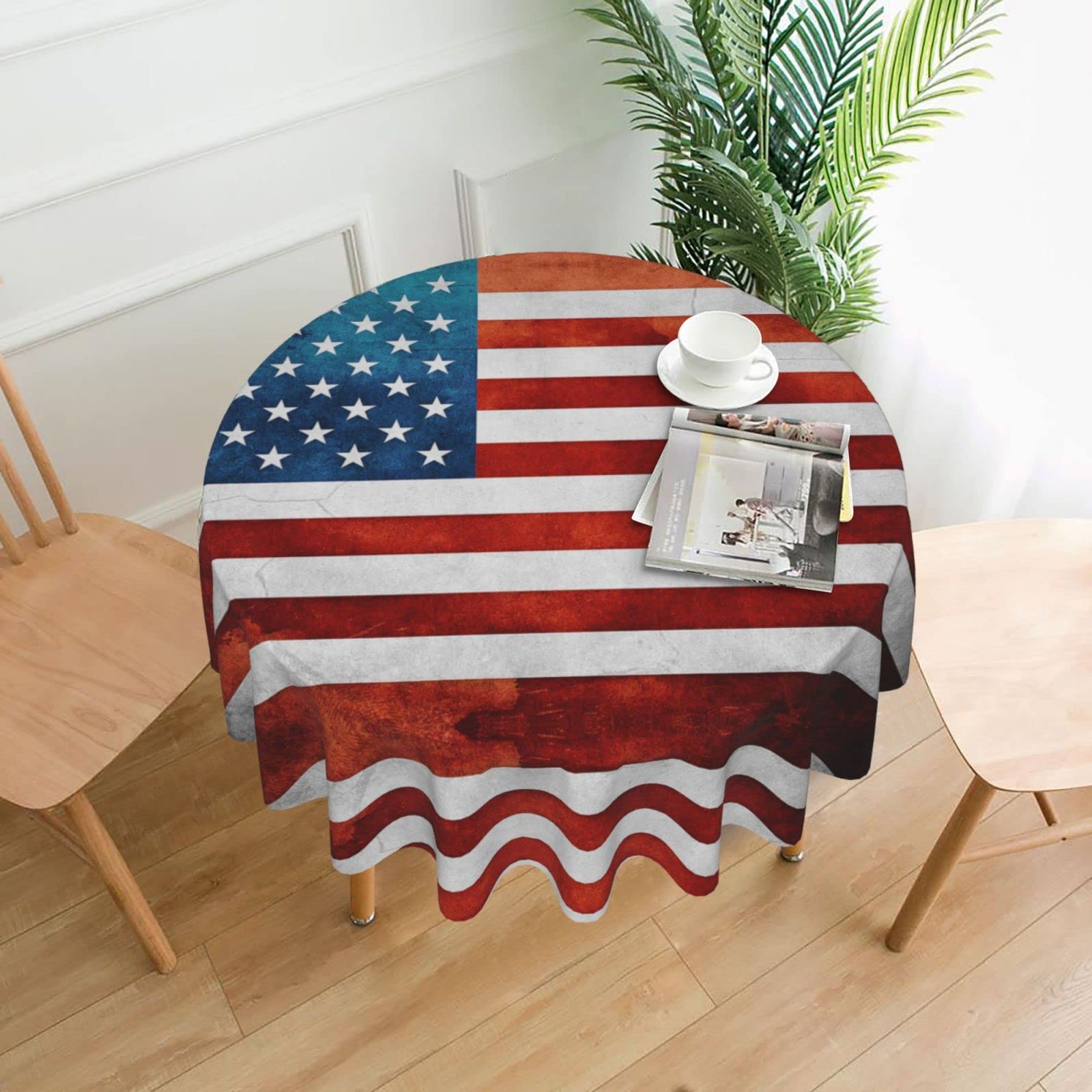 Lawenp American USA Flag Decorative Round Table Cloths - 60 Inches in Diameter for Buffet Tables, Parties, Holiday Dinners.