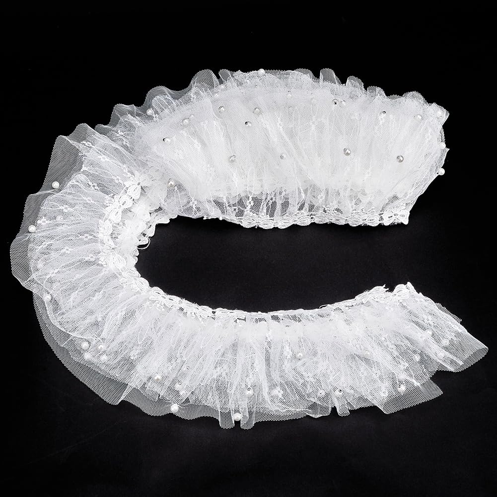 GORGECRAFT 4.57M Nastro di Pizzo con Volant 8.5cm Bianco Bowknot Perline Perline Increspature Bordo Arricciato Tessuto Vintage Ricamato Toppe per Abiti Da Cucire Rifinitura per Matrimonio Nuziale