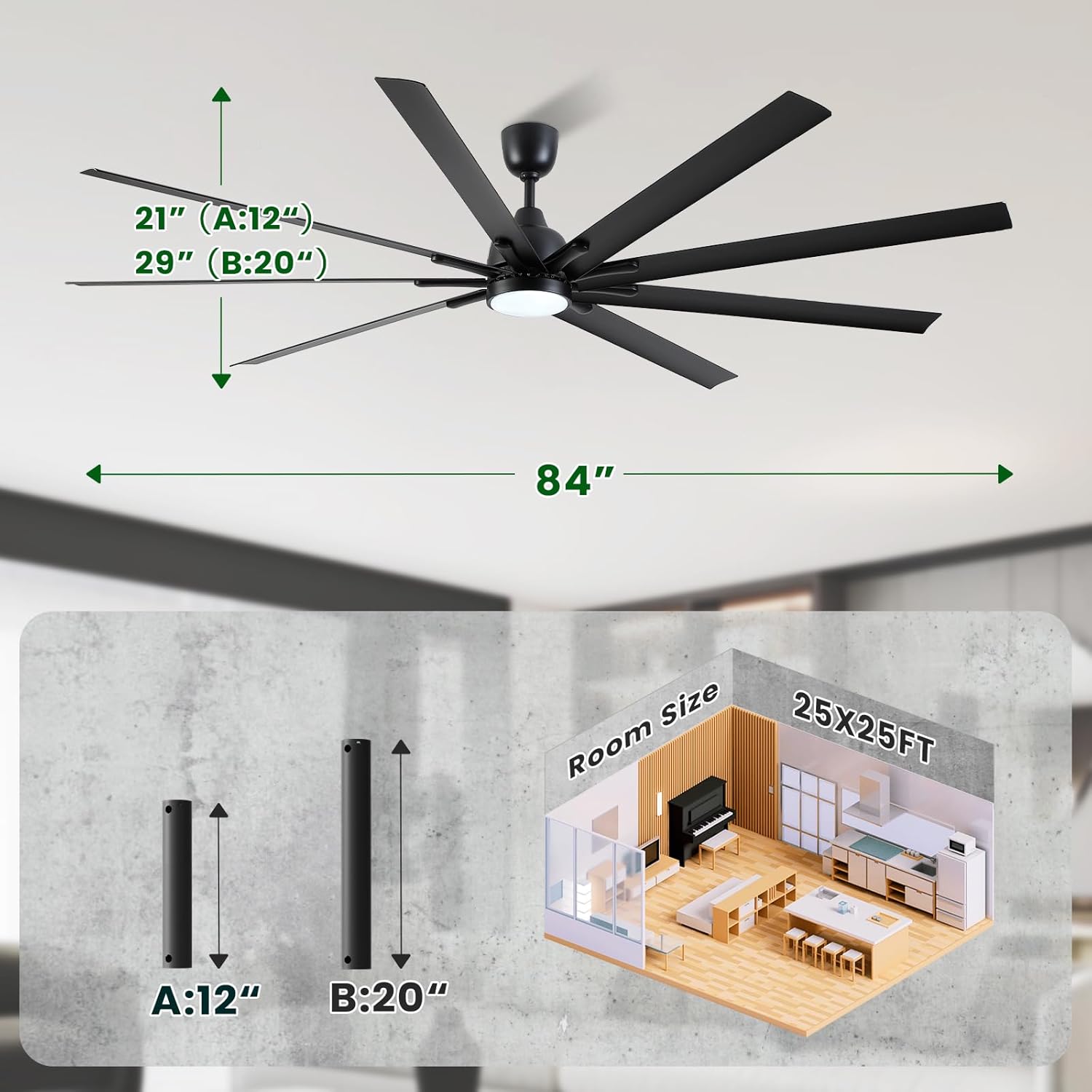CJOY 84 Inch Ceiling Fan with Lights and Remote, 8 Aluminum Blades, 6 Speed Reversible Quiet DC Motor, Modern 3CCT Dimmable LED Lighting for Indoor/Outdoor Living Room Patio