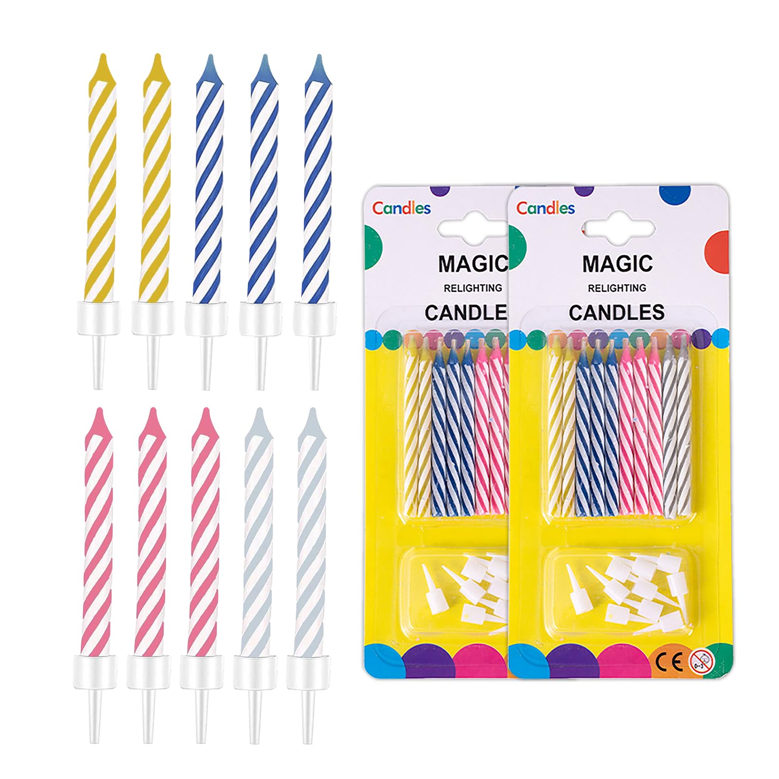 Wolmik Yellow, Blue, Pink, Grey Magic Relighting Birthday Candles, 20 Pieces Cake Candles, Funny Candles For Birthday, Party, Christmas, Celebration (2 Packs)