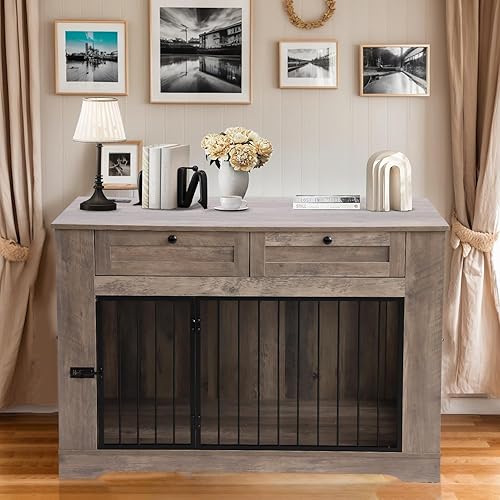 Miniatura 21 de Muebles grandes para jaula para perros, jaula decorativa resistente para interiores, mesa auxiliar de madera para perros con estación de carga, casa