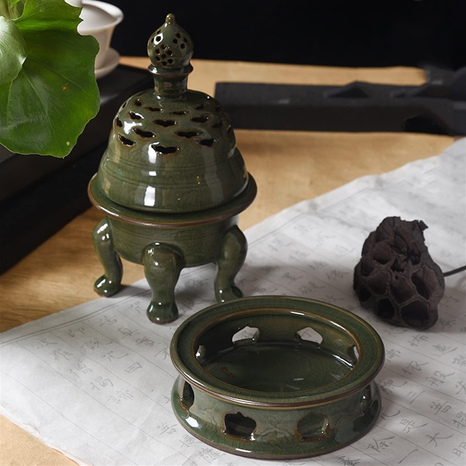 Quemador de incienso de cerámica con tapa, incienso incensador for cono/bobina/palos, titular de censas de porcelana, decoración del templo de yoga de té de la oficina en casa de Té Oficina Hogar