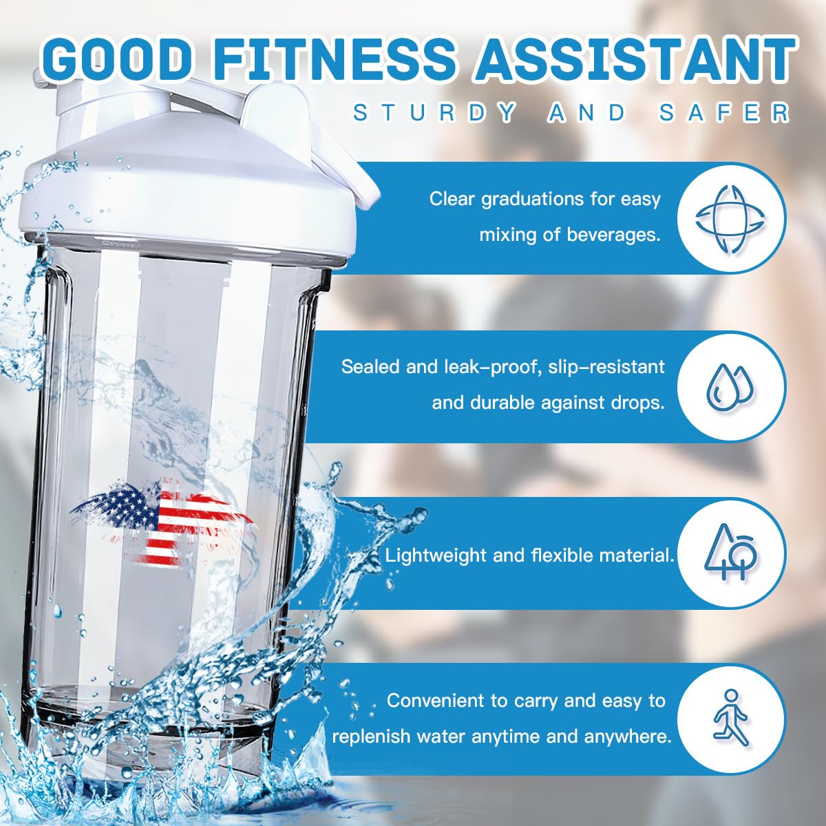 America Flag 18 Ounce Shaker Bottle Drink Mixer Leak-proof Pre Workout Protein Shakes Meal Replacement Shakes Bottles 500ML/18 Oz White