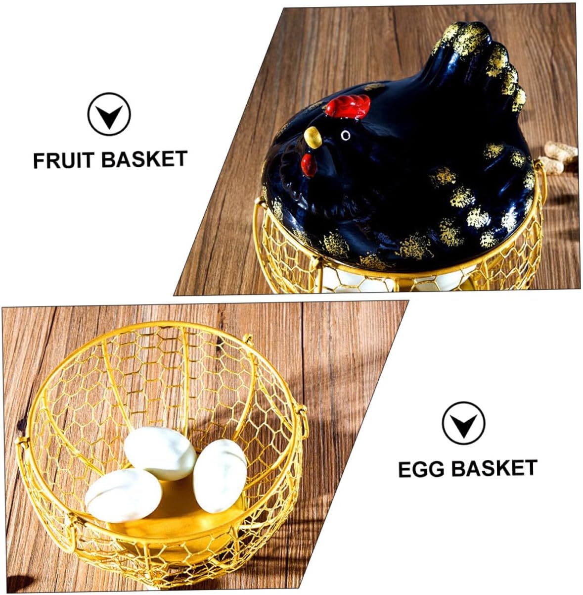 Veemoon Farmhouse Metal Egg Basket with Lid Black Iron Wire Egg Holder and Gold Wire Desktop Storage Basket for Kitchen