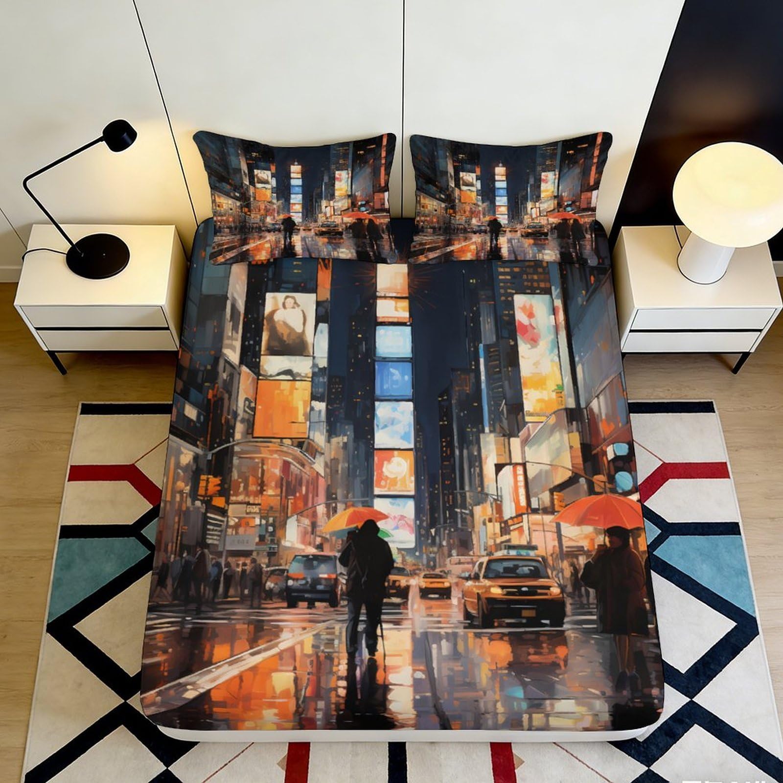 3D Printed City Nightscape Fitted Sheet Microfiber Soft Urban Lights Mattress Cover for Bedroom Dorm Decor 90x200x25cm