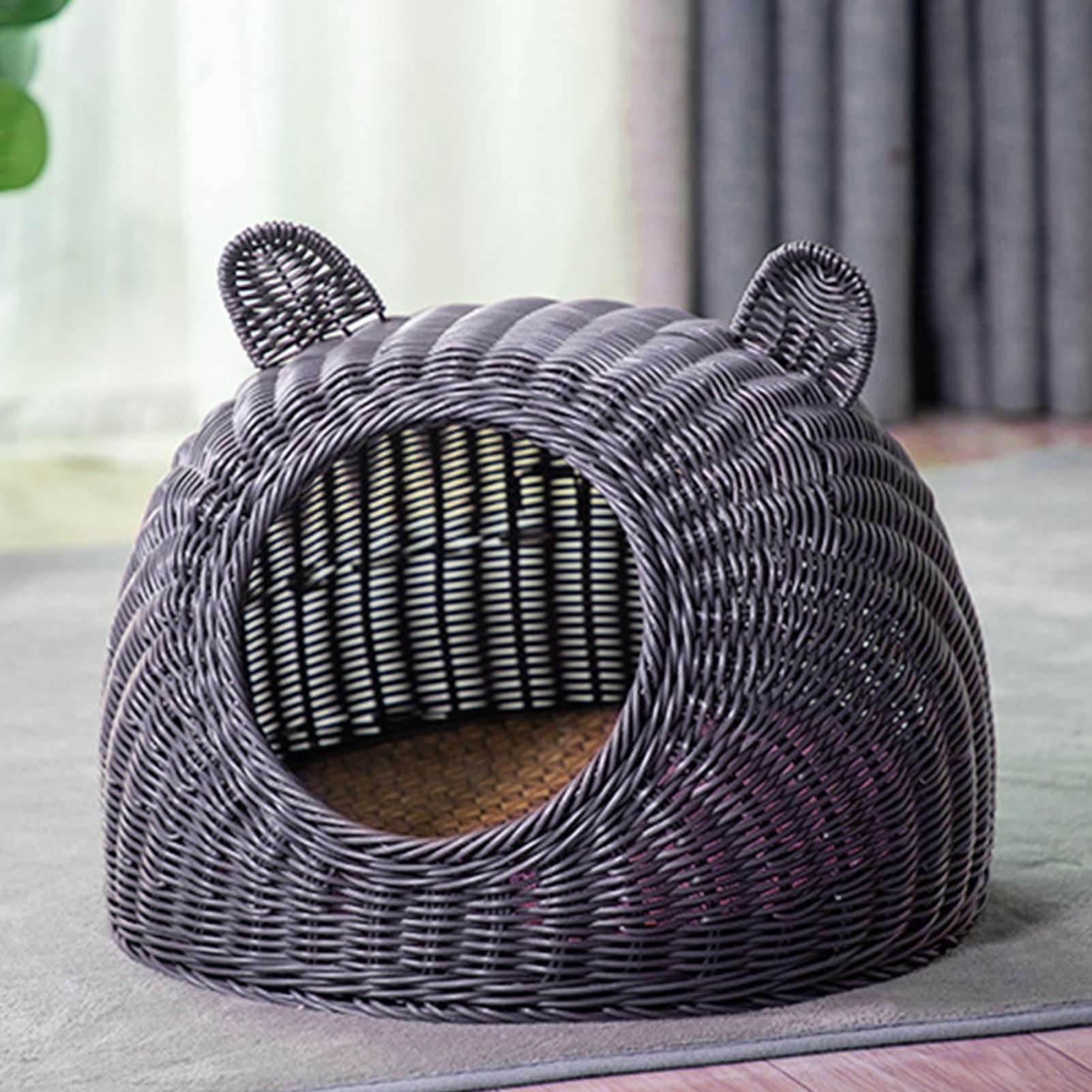 HEEPDD Cuccia Per Gatti Cuccia Per Gatti in Plastica Intrecciata a Mano Per Animali da Interno Semi Chiusa con Simpatico Design a Orecchie di Gatto Ampia Apertura Traspirante Per Tutte le Stagioni