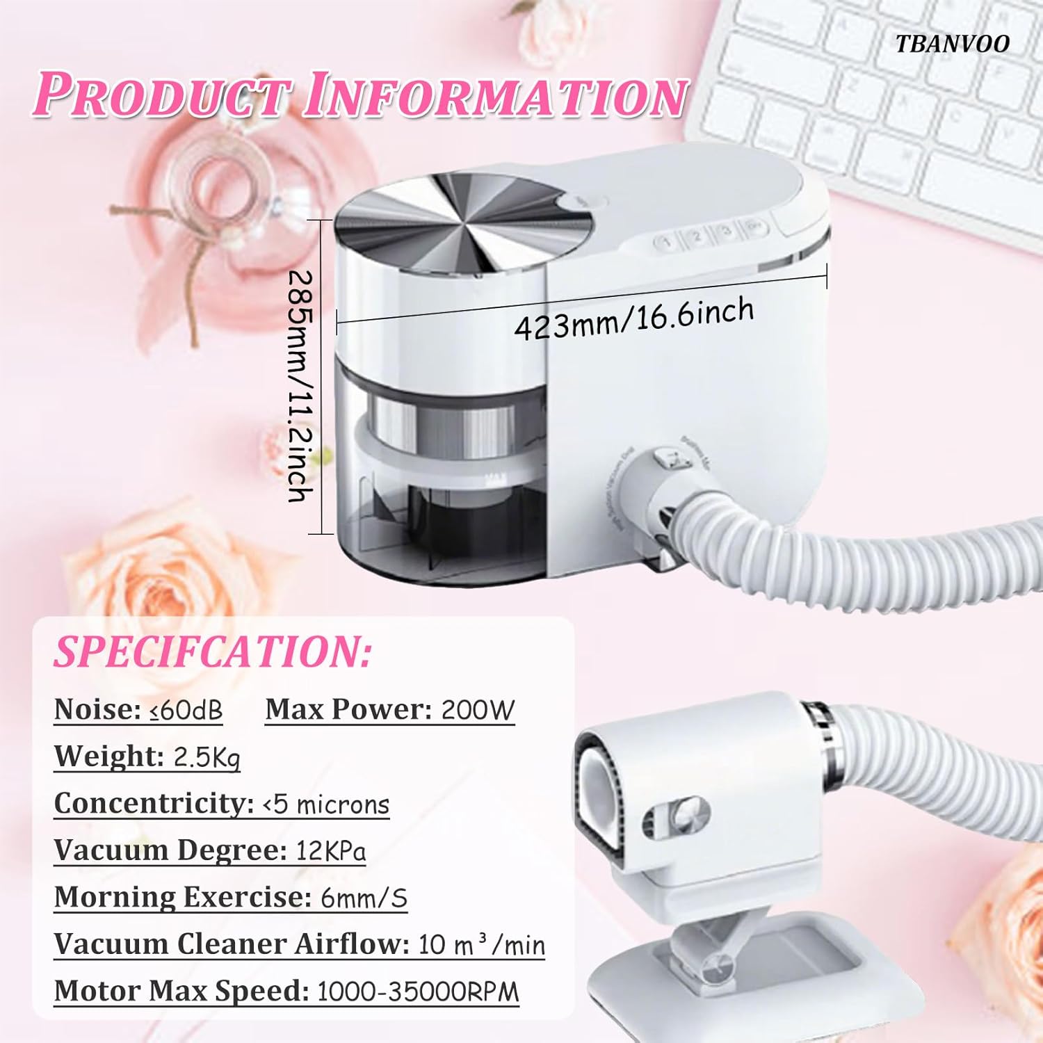 Nail Dust Extractor & Built-in Vacuum, Compact Design with 4-Button Control, Powerful Suction for a Dust-Anti Manicure Workspace