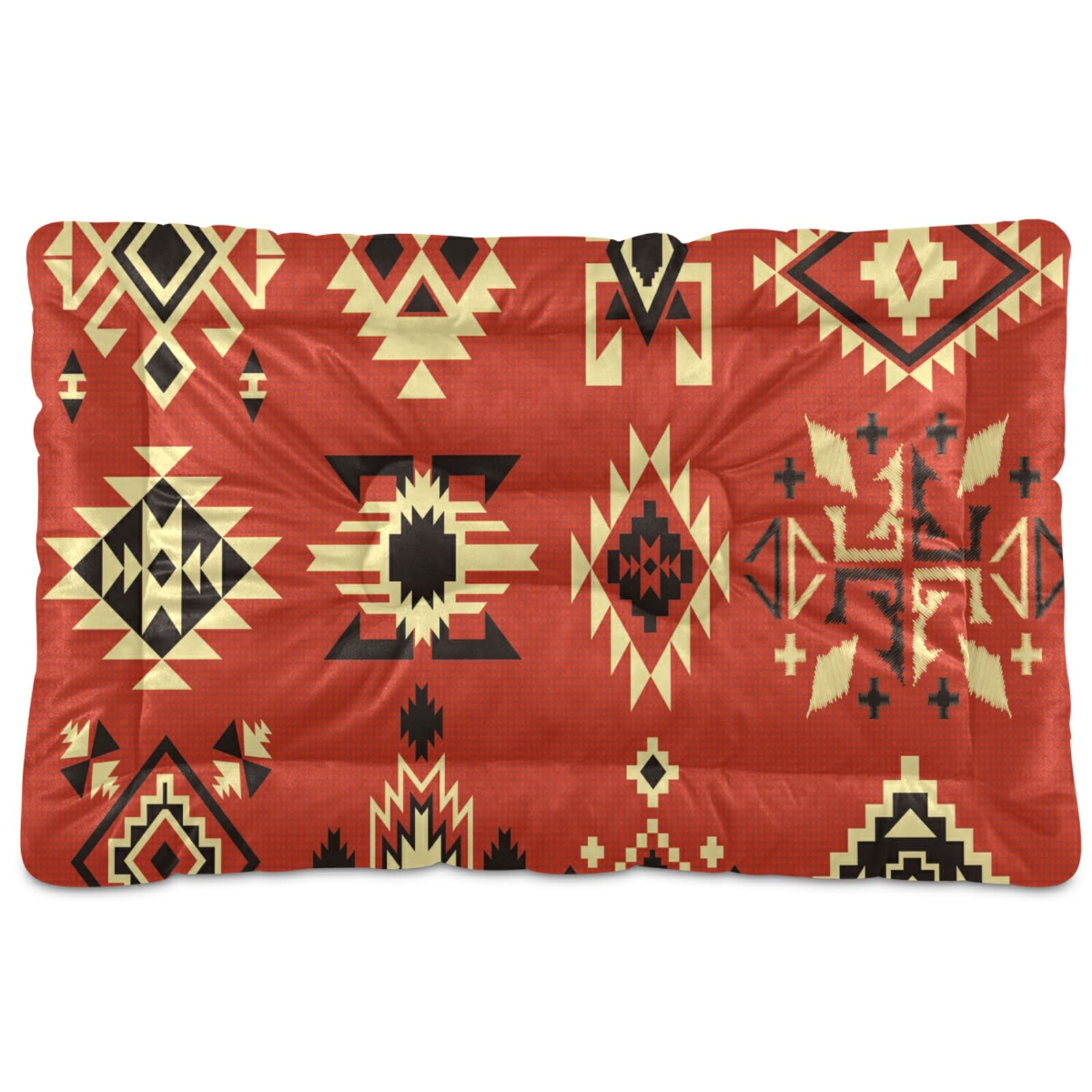 Oyihfvs Native American Tribal Ethnic Elements Vector Pattern on Red Board Dog Pet Soft Bed Mat Comfortable Mattress, Non-Slip Washable for Puppy Cat Kennel Rectangle Blanket Sleeping Pad 36x24 inch