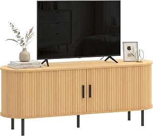 HOMCOM TV Stand for TVs up to 60", Modern Entertainment Center with Curved Sliding Doors, Media Console with 6 Storage Compartments, Natural Wood