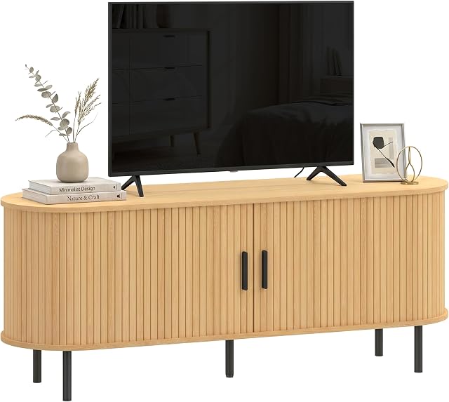 HOMCOM Support TV pour téléviseurs jusqu'à 60 po, centre de divertissement moderne avec portes coulissantes incurvées, console multimédia avec 6 compartiments de rangement, bois naturel