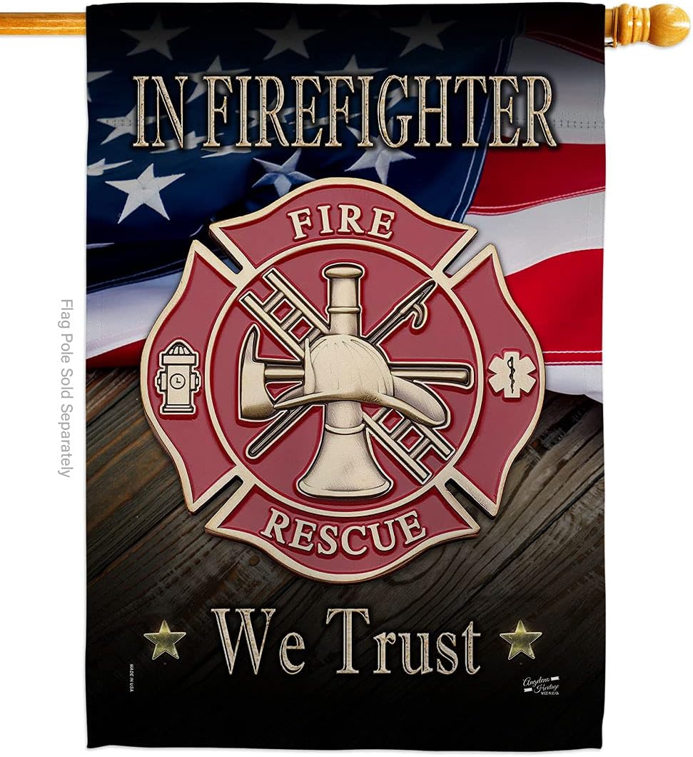 Firefighter We Trust House Flag Armed Forces Fireman Fire Department Rescue Red Line Hero Support Decoration Banner Small Garden Yard Gift Double-Sided, Made in USA