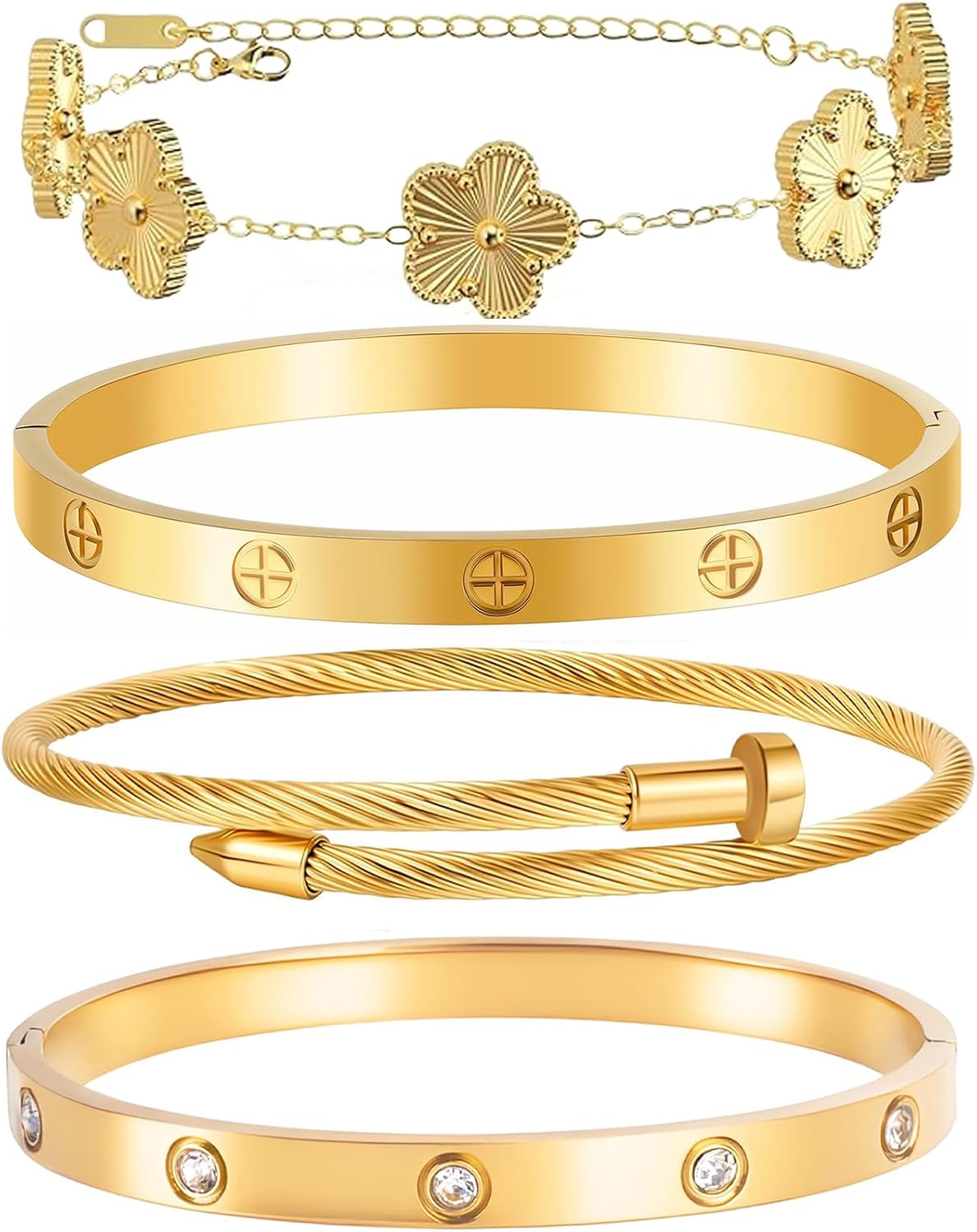 Gold Bracelets for Women-4Pcs/3Pcs,18K Gold Plated Bangle Tennis Bracelets Stack Set for Women Trendy Non Tarnish Stainless Steel Gold Bangles Accessories Designer Jewelry