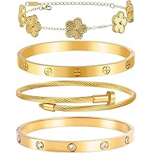 Gold Bracelets for Women-4Sets/3ets,18K Gold Plated Bracelet,Stainless Steel Bangle Bracelets Non Tarnish, Gold Bracelet Set Trendy Jewelry,Christmas Valentines Birthday Gifts for Girlfriend