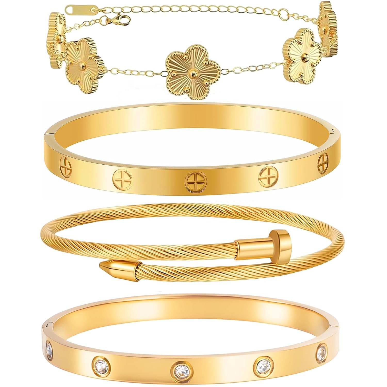 Gold Bracelets for Women-4Sets 3ets 18K Gold Plated Bracelet Stainless Steel Bangle Bracelets Non Tarnish Gold Bracelet Set
