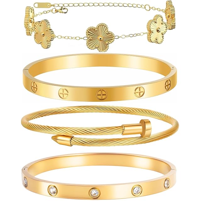 Gold Bracelets for Women-4Sets 3ets 18K Gold Plated Bracelet Stainless Steel Bangle Bracelets Non Tarnish Gold Bracelet Set