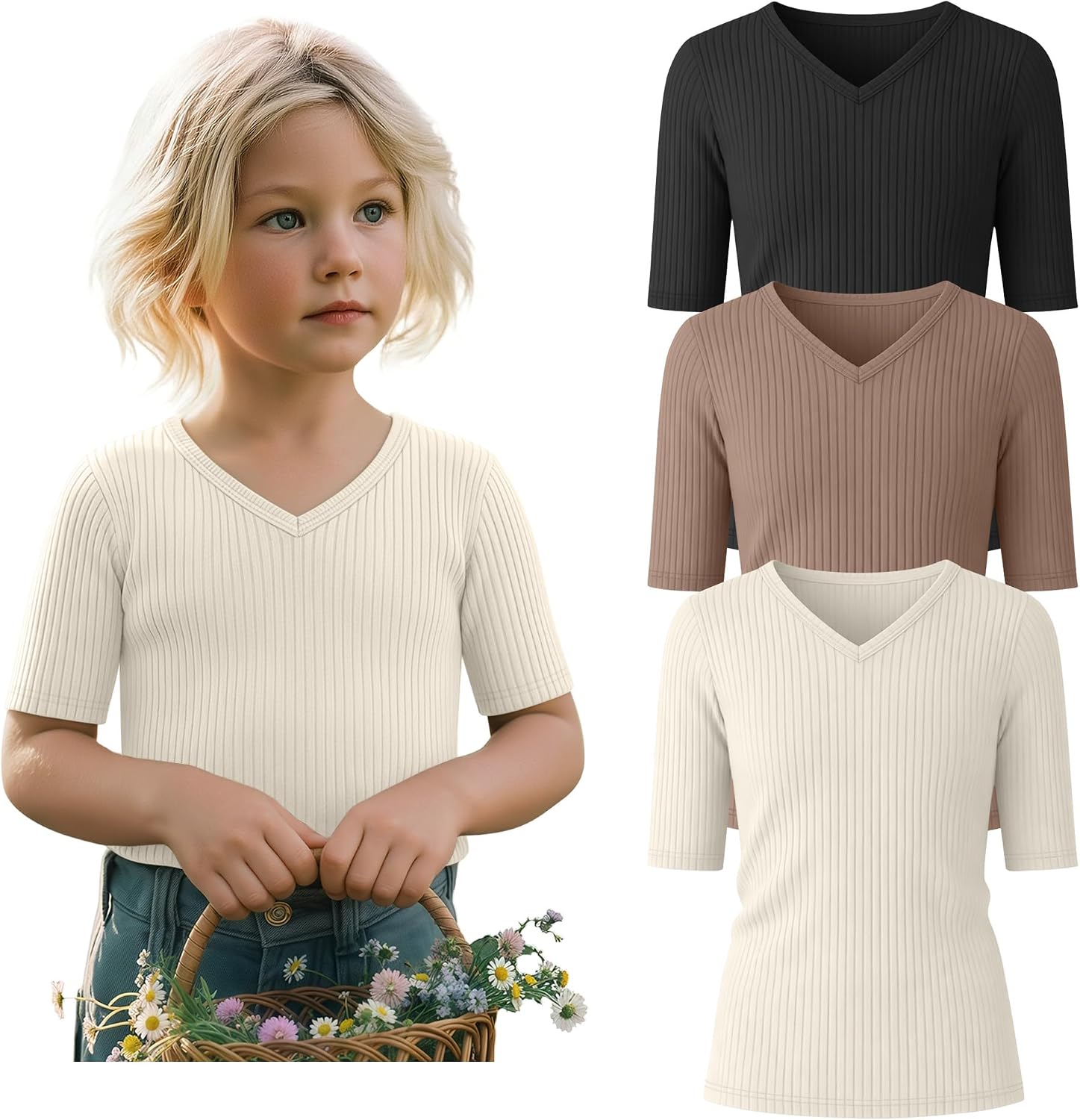 3 Pcs Toddler Girls Half Sleeve Tops Kids Cotton Ribbed T Shirts Slim Fit V Neck Elbow Length Basic Tee Size 18m-5t
