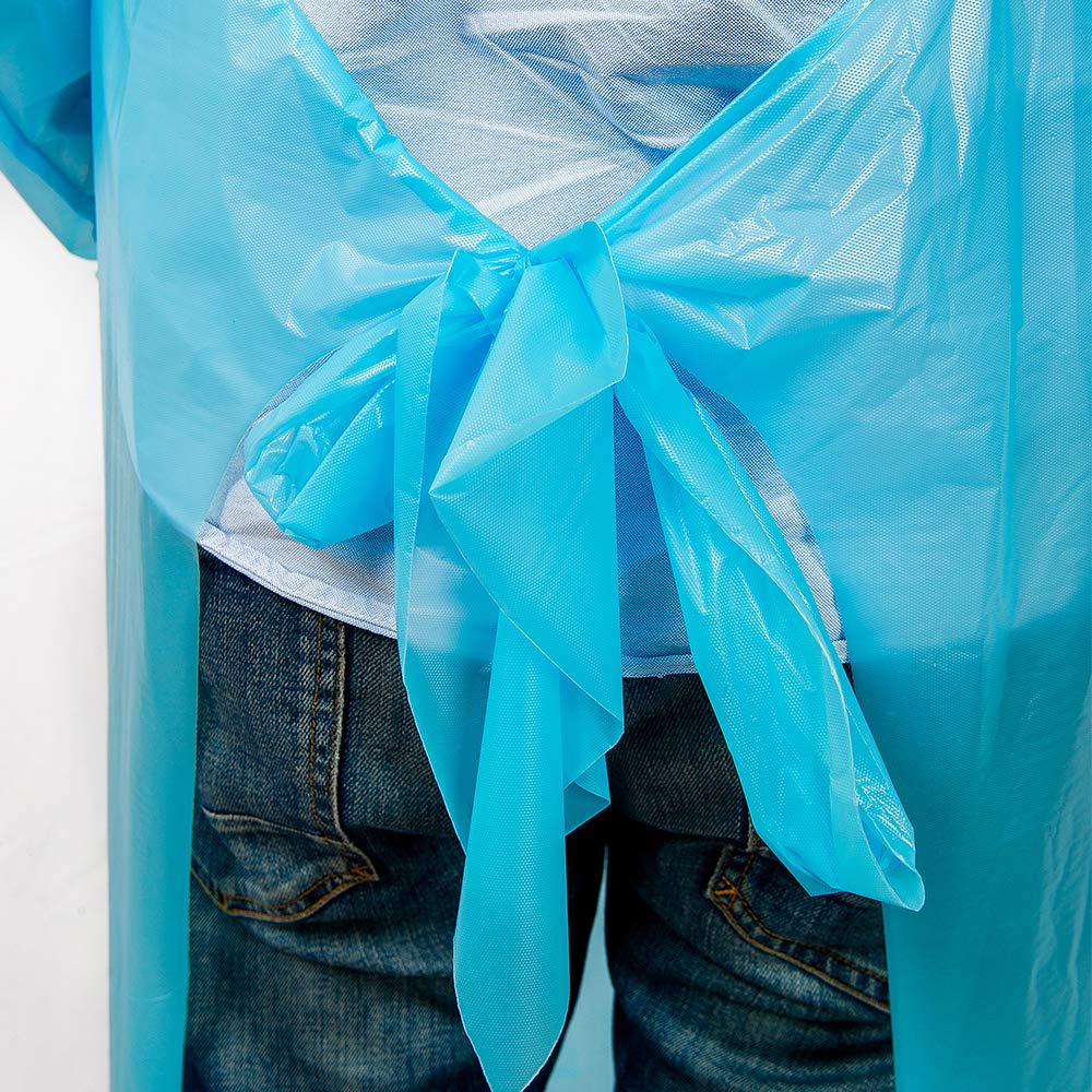 100 pezzi monouso in plastica isolante, grembiuli universali di isolamento protettivo, tuta unisex resistente ai fluidi, blu abiti protettivi con maniche lunghe