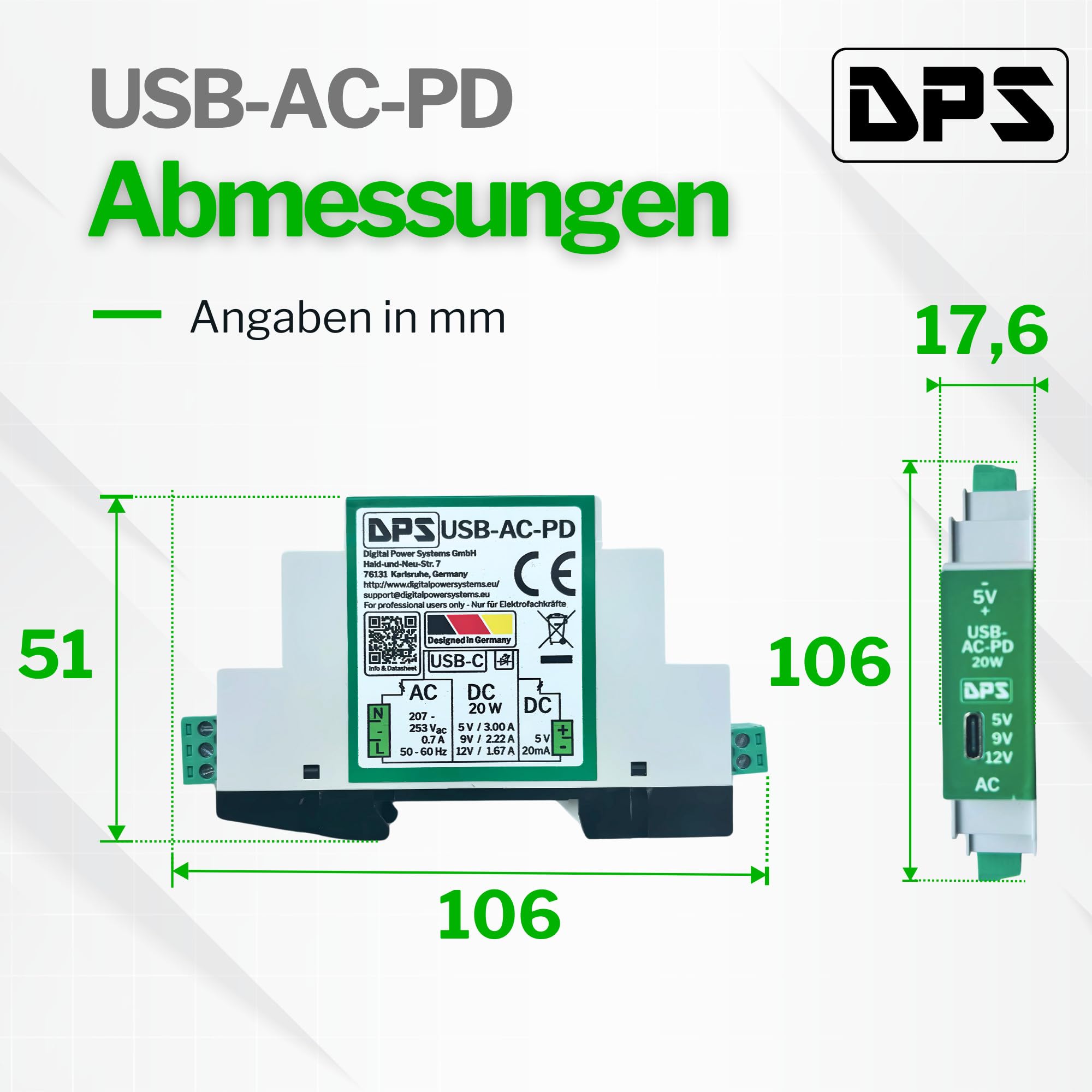 Bloc d'alimentation Rail DIN USB-C 230 V CA 20 W Power Delivery Protection Courts-Circuits Surtensions