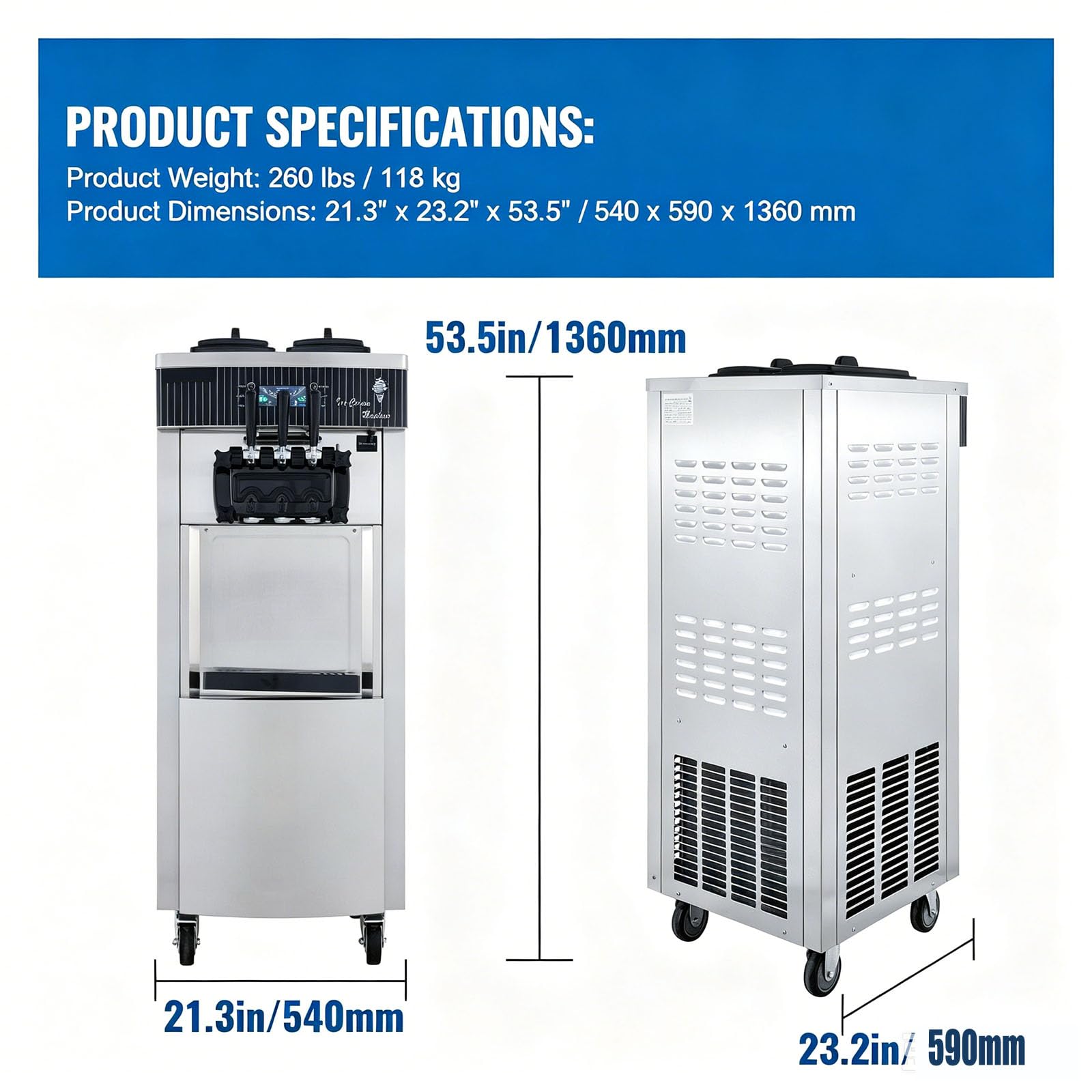 Machine à Crème Glace Molle Commerciale 2200W, 20-28L/5.3-7.4 Gal, Machine à Crème Glacée avec Écran LED, 2 cylindre&3 Saveurs, pour Glacier Camion-Restaurant (8228HP)