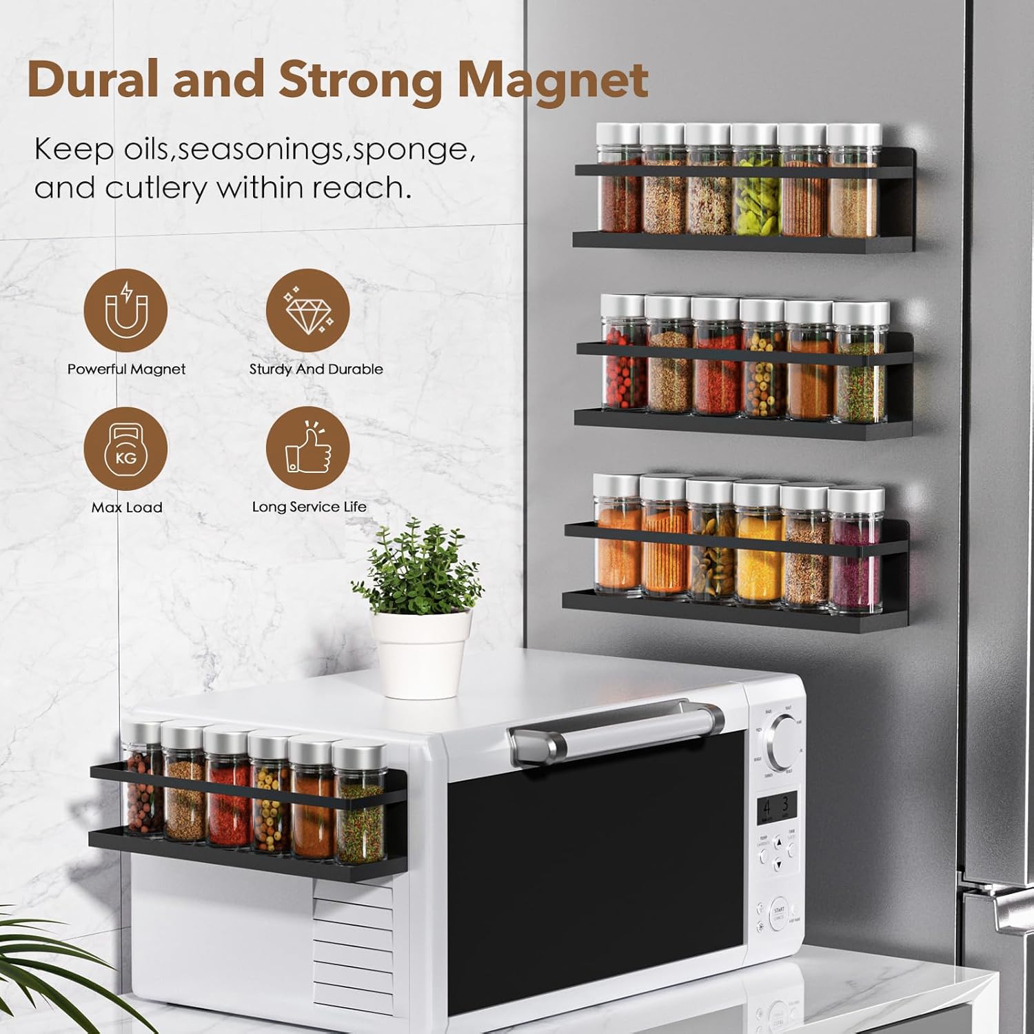 Magnetic Spice Rack for Refrigerator, Magnetic Fridge Shelf for Kitchen Spice Organizer, Spice Rack Wall Mount, Fridge Organizers and Storage (2, Black) - Image 2