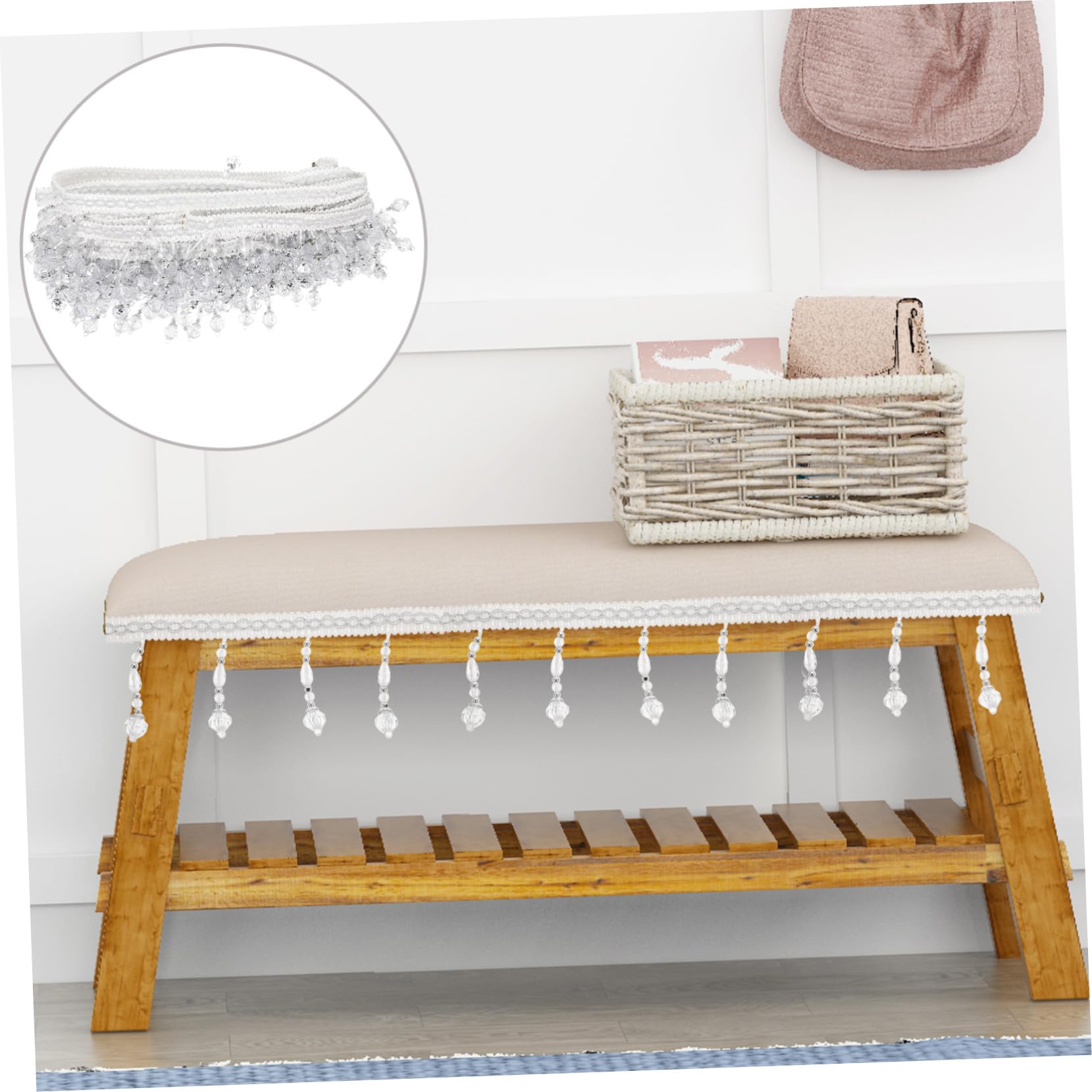 Frange à Perles avec Glands pour Rideaux Garniture Blanche Accessoire Décoratif pour Stores Romains et Couture DIY