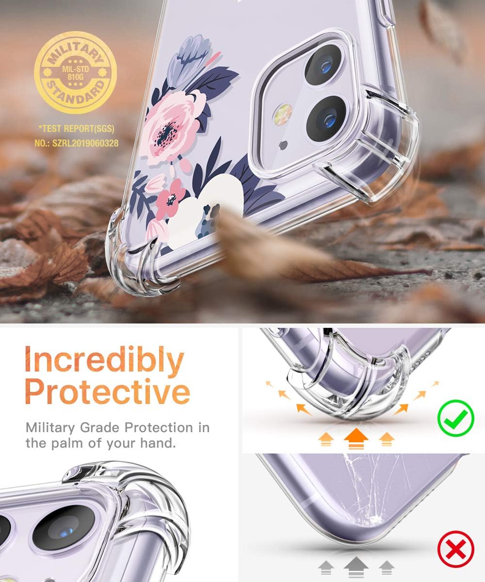 GVIEWIN iPhone 11 Case,Clear Flower Design Soft&Flexible TPU Ultra-Thin Shockproof Transparent Bumper Protective Floral Cover Case for iPhone 11 6.1 inch 2019 (Flower Stuffed/Pink)