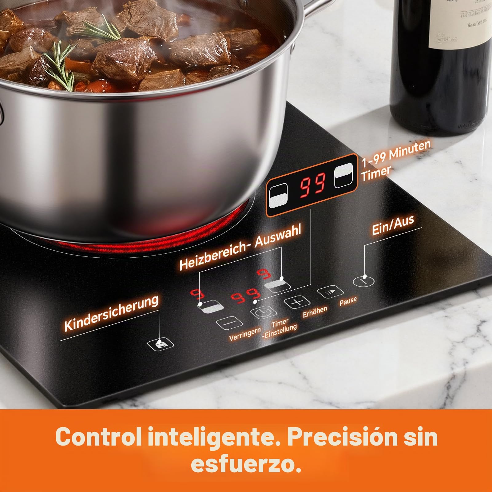 TopStrong - Placa vitrocerámica de 2 fuegos, placa de cocción eléctrica, empotrable 30 cm con control táctil, 3000 W, temporizador 99 min, bloqueo infantil