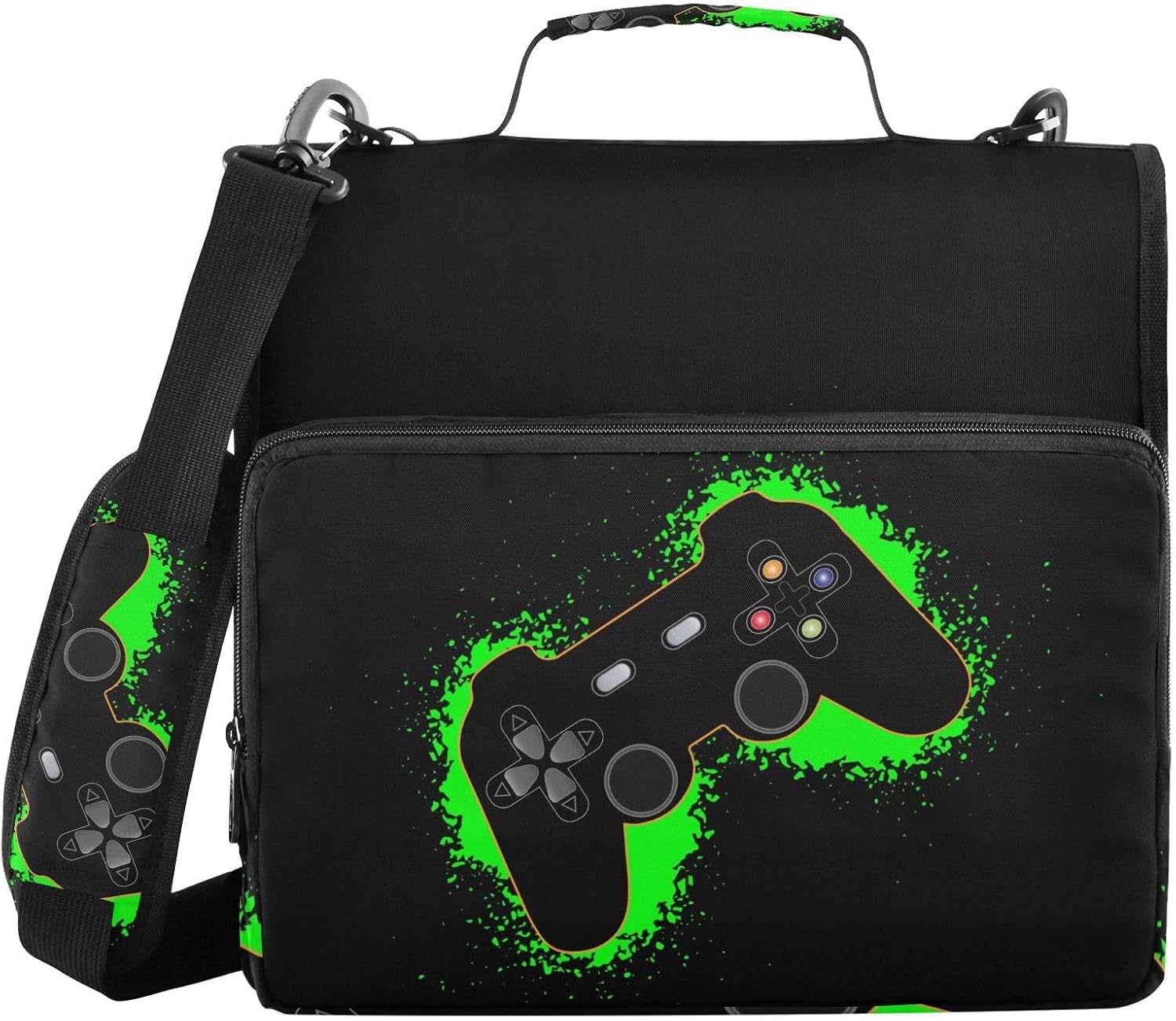 Green and Black Video Game Zipper Binder Bag 3 Ring with Handle Shoulder Strap, Binder File Organizer Bag Storage Case for School Work Office