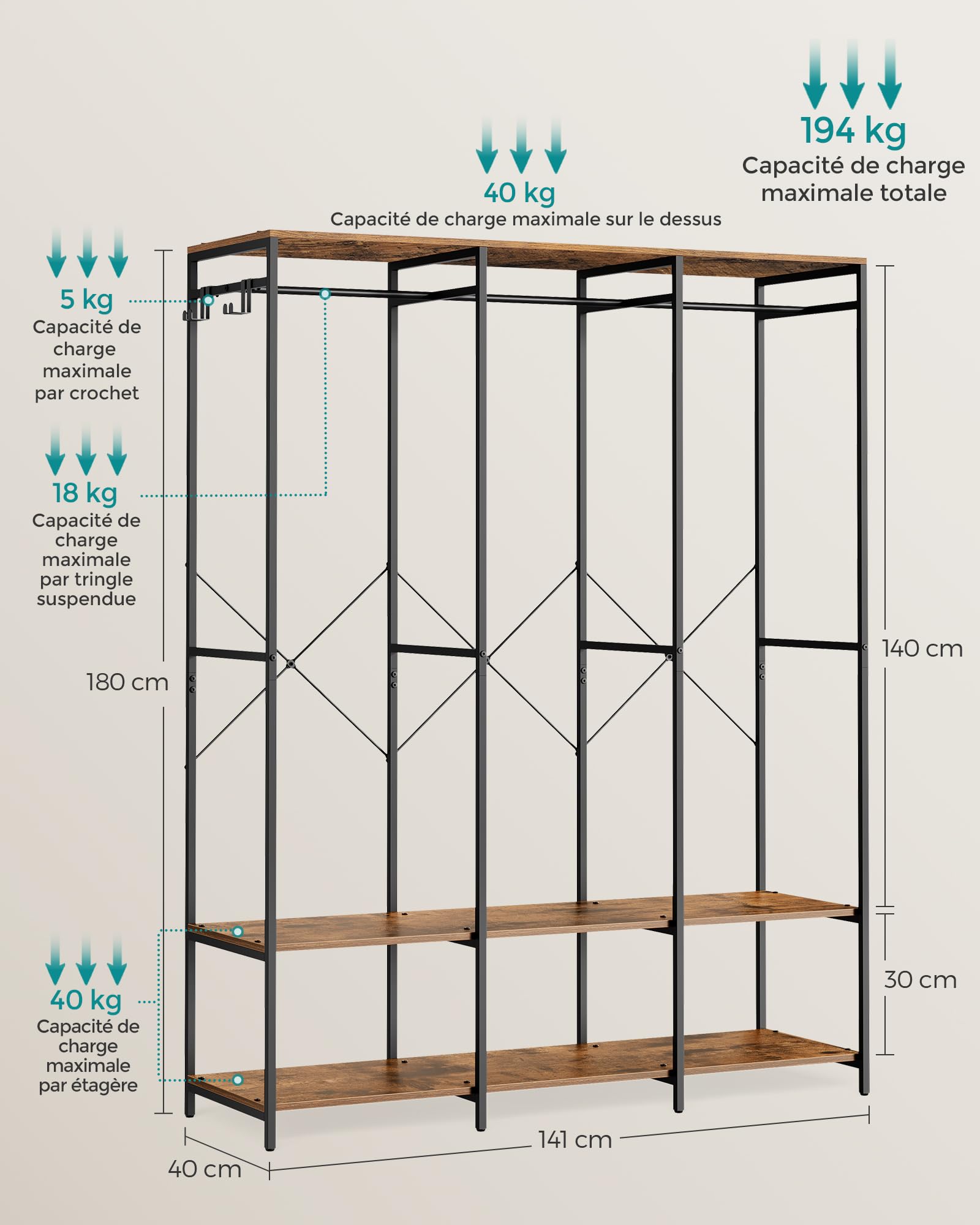 SONGMICS Armoire Vêtements Portable, Penderie Métal Pliable, Étagères de Rangement avec Tringle, Crochet Amovible, 40 x 141 x 180 cm, Marron Rustique RGR005B01