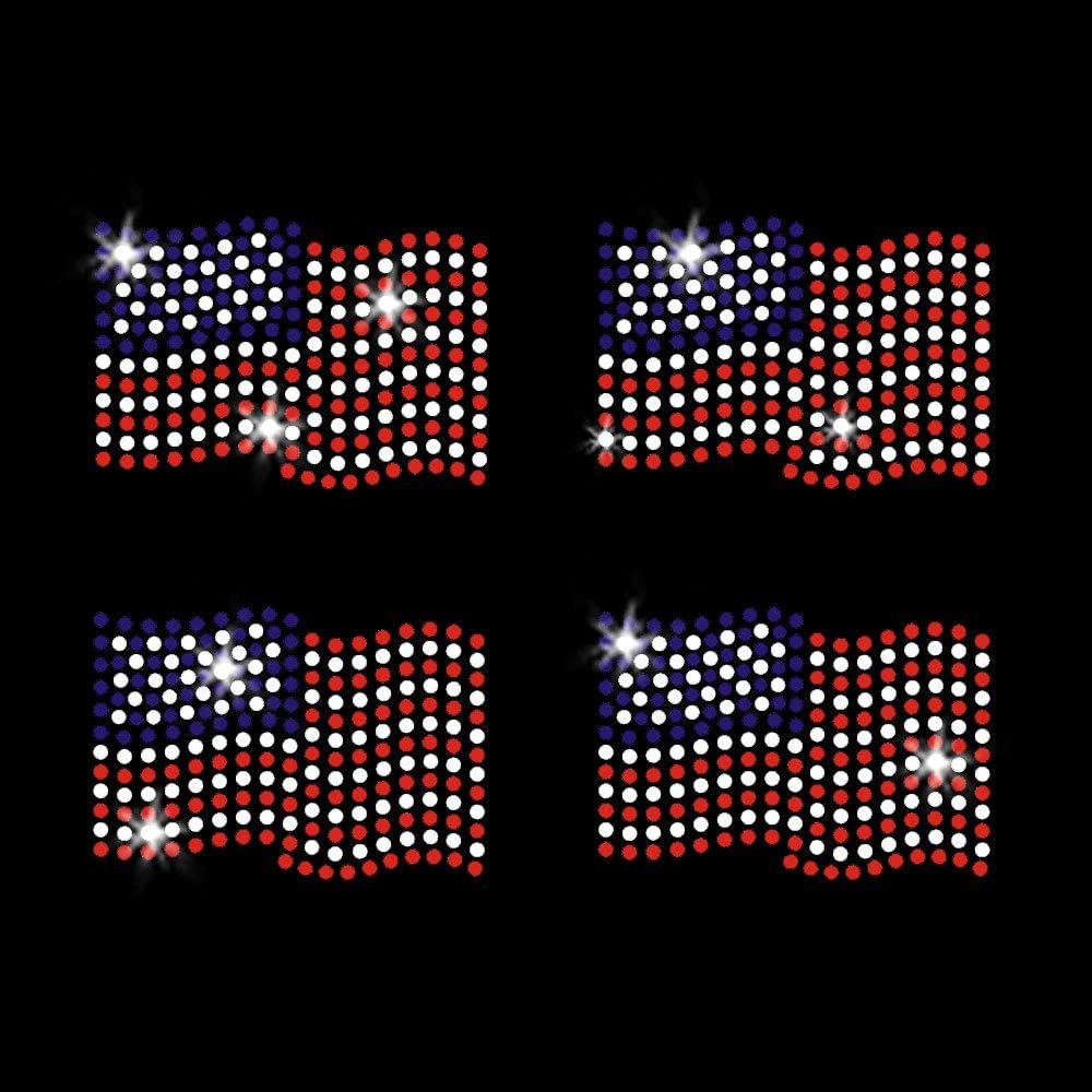 Set of 4 Mini Waving American Flags Patriotic Iron On Rhinestone Crystal T-Shirt Transfer for Women Girls by JCS Rhinestones