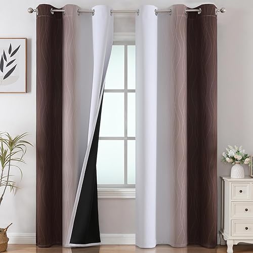 Estelar Textiler Brown and Greyish White Ombre Blackout Curtains for Bedroom, Thermal Insulated Gradient Blackout Drapes, Full Room Darkening Energy Saving Curtains for Living Room, 42Wx84L, 2 Panels