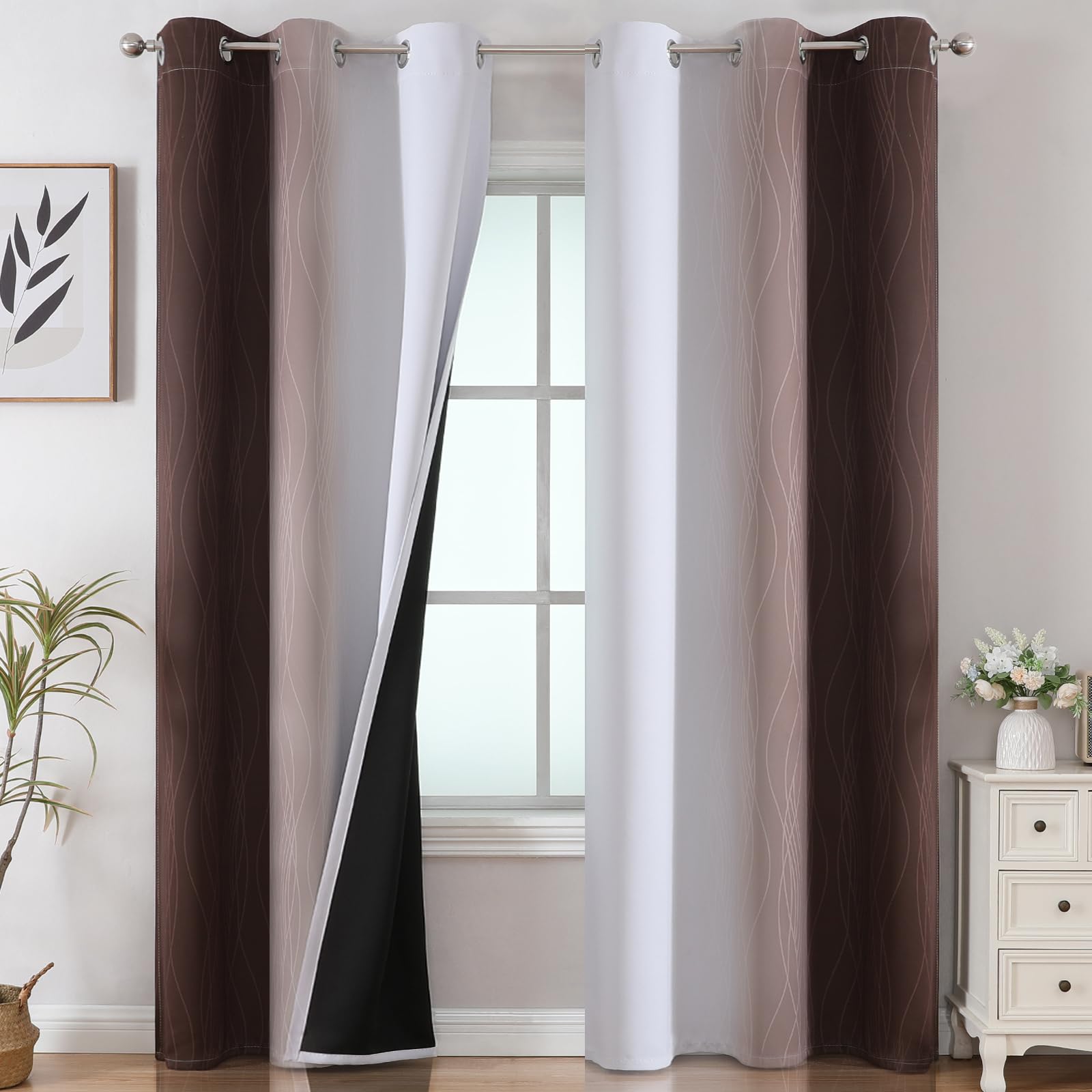 Estelar Textiler Brown and Greyish White Ombre Blackout Curtains for Bedroom, Thermal Insulated Gradient Blackout Drapes, Full Room Darkening Energy Saving Curtains for Living Room, 42Wx84L, 2 Panels