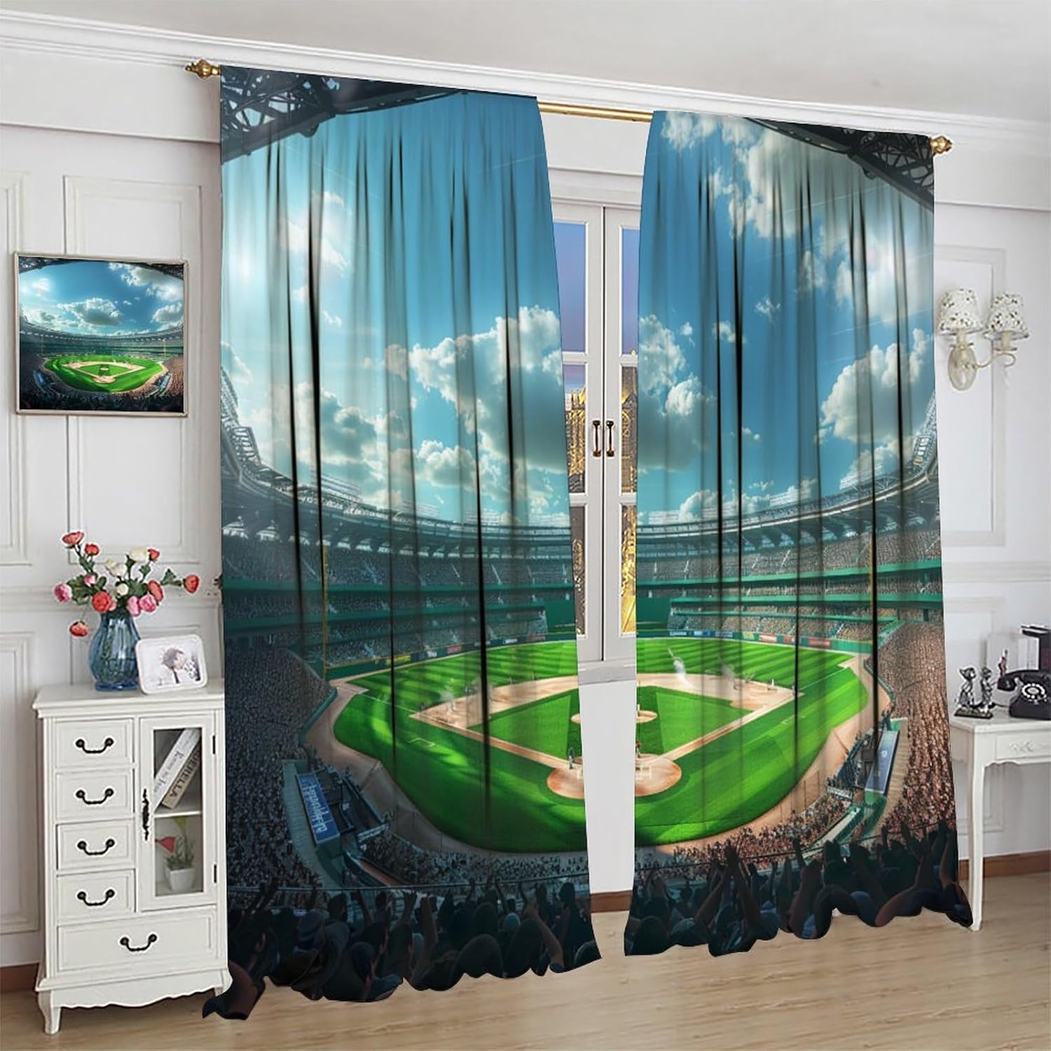 Modern Sport Stadium Baseball Blackout Curtains for Bedroom Living Room, Field Sky Competition Curtains Rod Pocket Thermal Insulated Window Drapes, 2 Panels/Each 21" W x 45" L