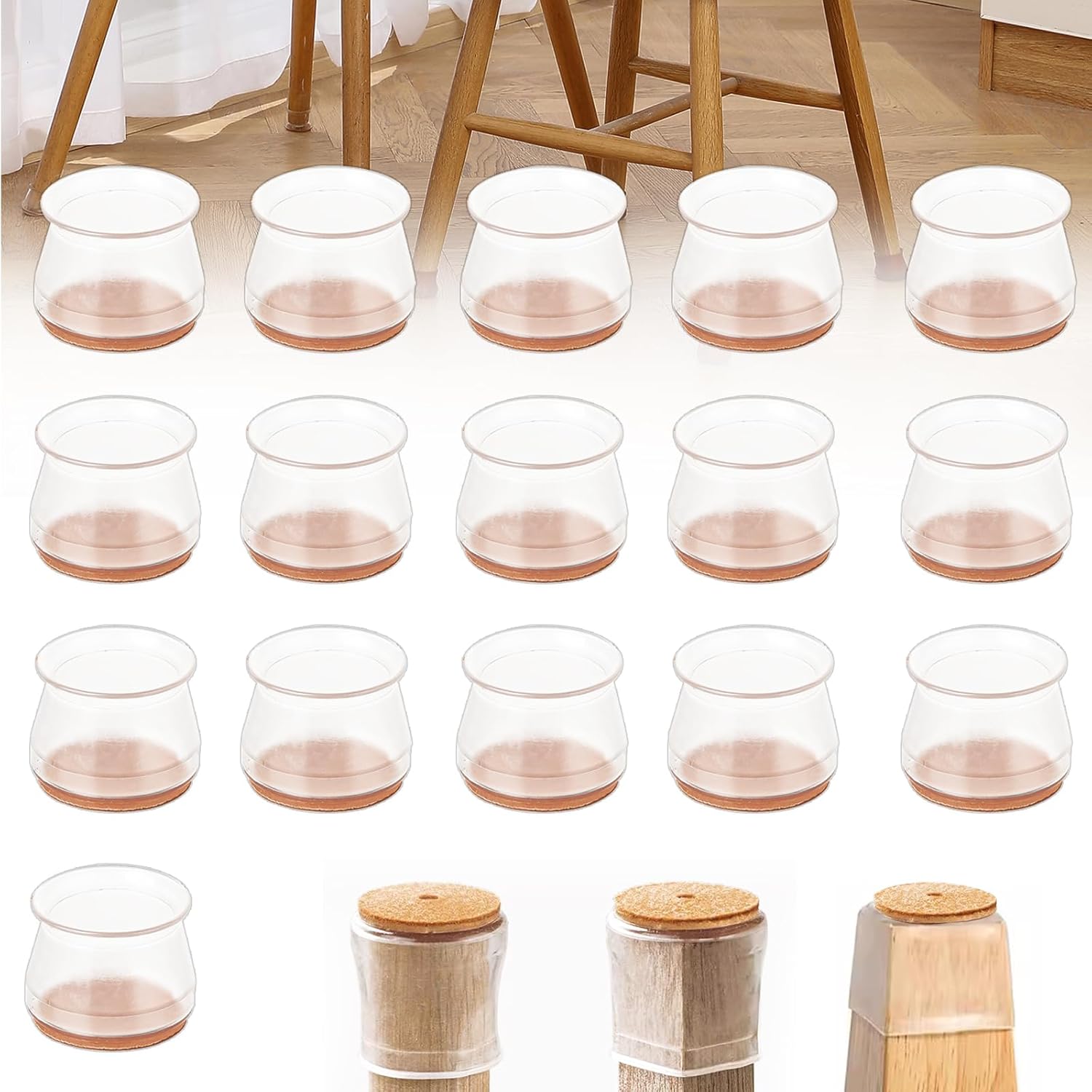 16 Pcs Chair Leg Floor Protectors, Silicone Chair Feet Caps for Hardwood Floors,Wood Tile Floors,Non Slip Reduce Noise Felt Pads Furniture Leg Caps (Fit:1.3inch - 2inch)