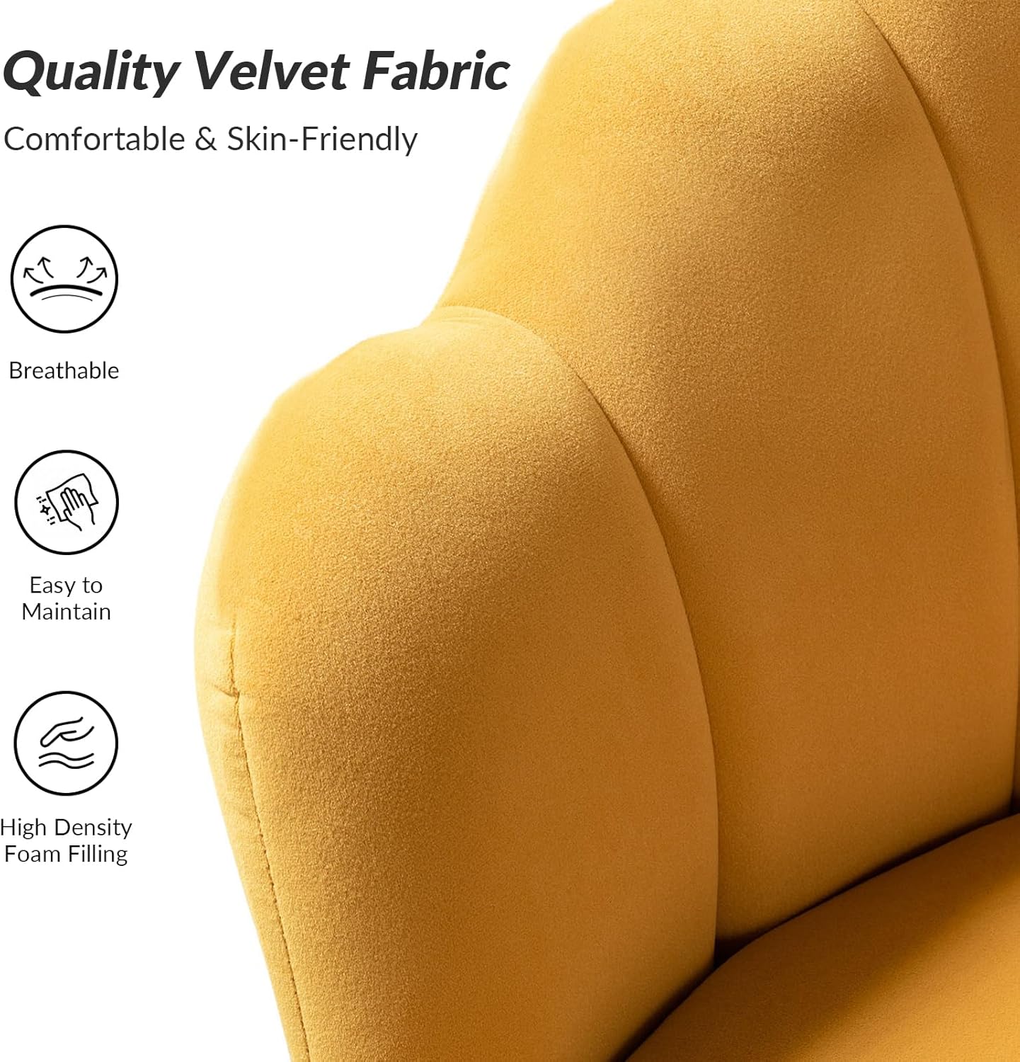HULALA HOME Velvet Accent Chair with Shell Shaped Back, Modern Cute Living Room Bedroom Armchair with Gold Legs, Comfy Upholstered Vanity Chair for Makeup Room, Mustard