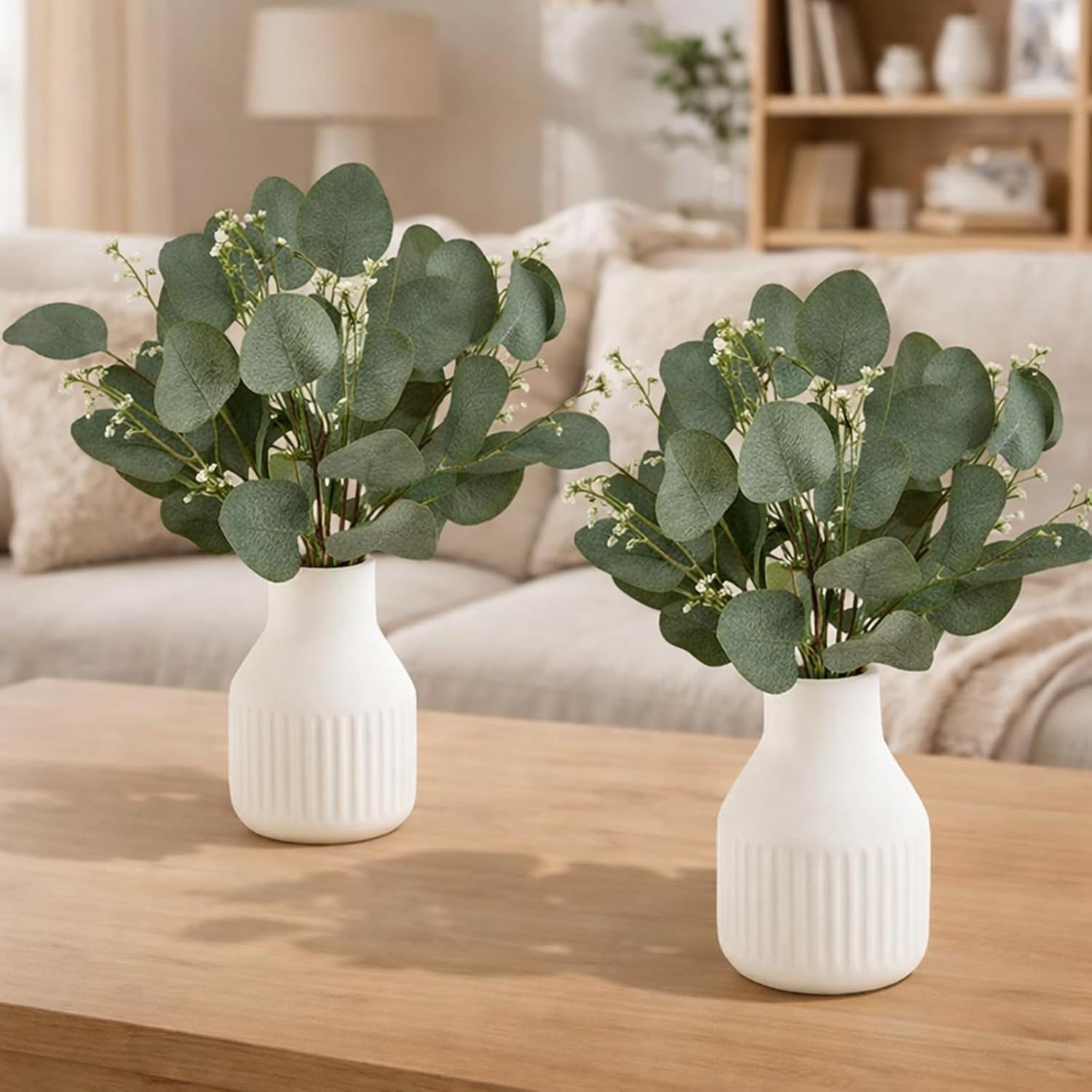 LemonRoad 2 Pack Artificial Eucalyptus Stem in Ceramic Vase 19" Fake Greenery Plants for Home Decor 40 Pcs Modern Indoor Fake Eucalyptus Stem for Table Centerpiece Living Room Bathroom
