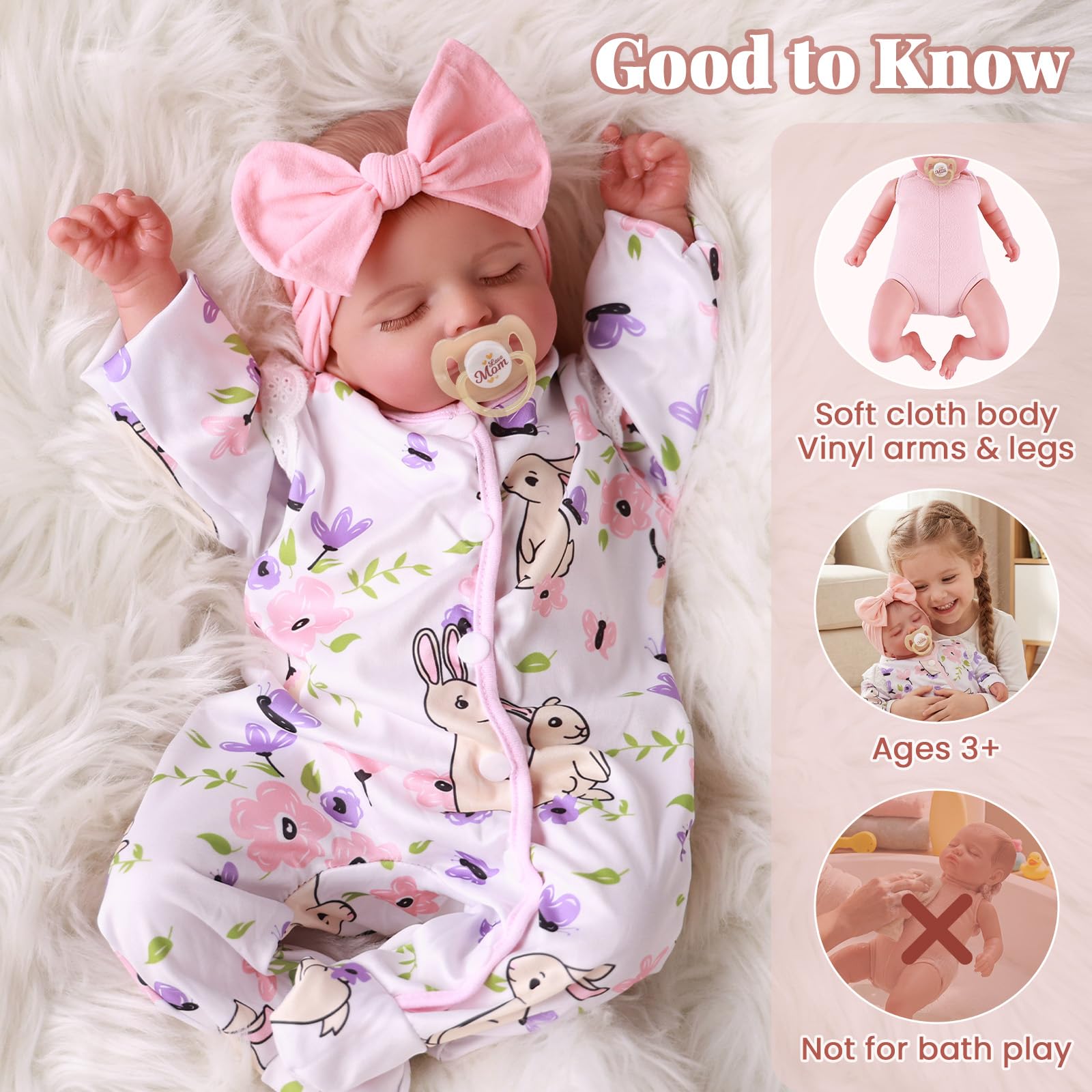 BABESIDE Reborn Puppe – 20 Zoll 50 cm Reborn-Baby Mädchen, Stoffkörper Realistische schlafende Babypuppe mit, Kleidung, Zubehör für Kinder ab 3 Jahren
