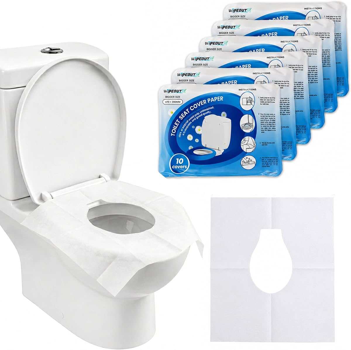 Paquete de 60 fundas desechables para inodoros | Papel XL de 18x15 pulgadas | Material de papel 100% biodegradable para niños y adultos, plegado individualmente, para baños públicos, camping y viajes