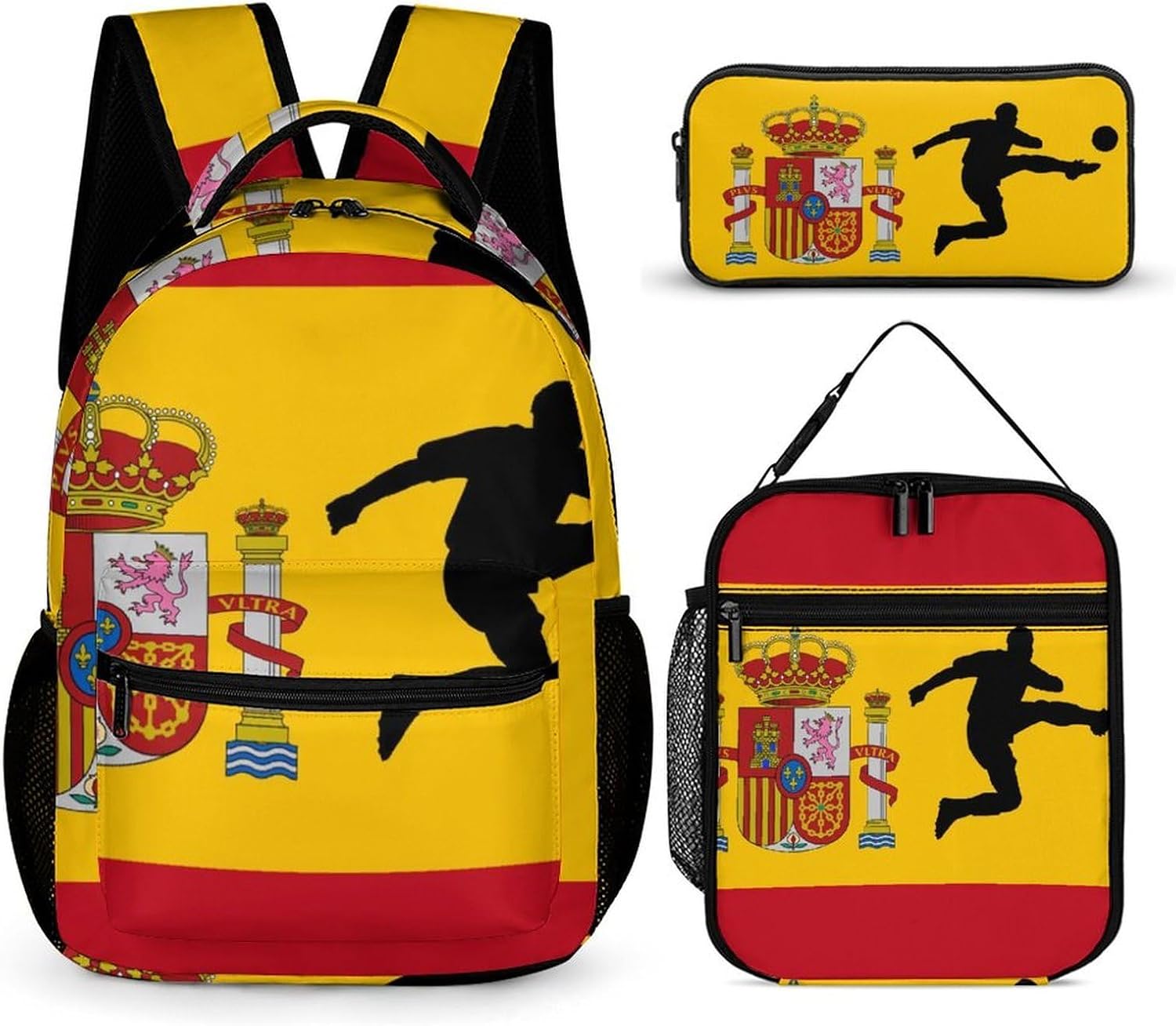Spain Spanish Flag Soccer Shooting Backpack Set 3Pcs Lunch Bag Lunchbox Pen Case Multi-Pocket Cute Laptop Work Bag