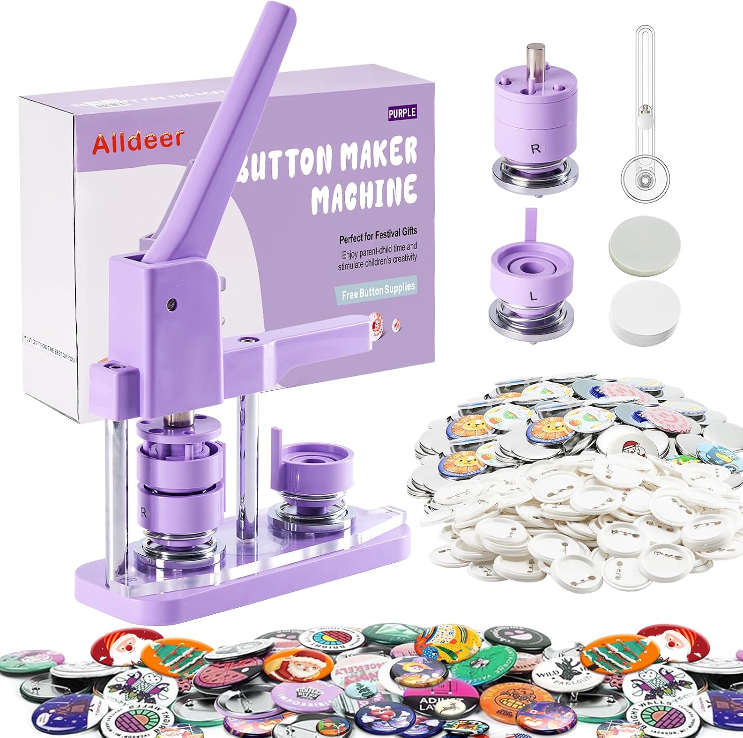 Button-Maker-Machine Kit 32mm /1.25 inch, Button Press Machine 32mm, Easy-to-use Rotate Models, Pin Maker Kit with 100 Sets Plastic Supplies, DIY Small Badges, Starting Creative Project