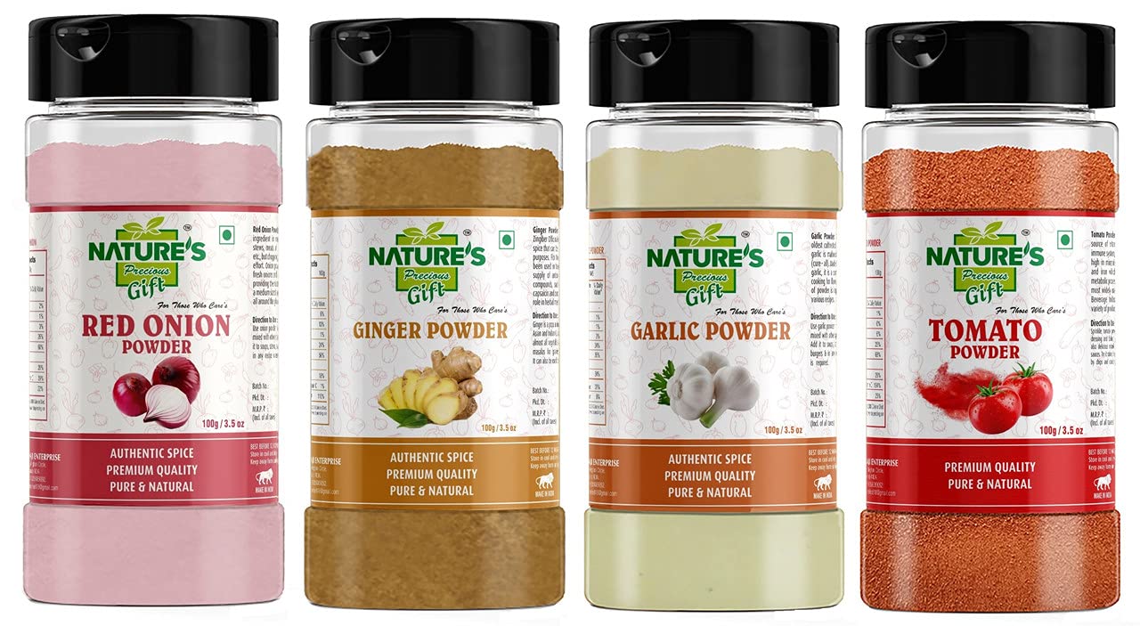 NATURES Precious Gift Onion Powder 100 gm, Ginger Powder (Adrak/Sunth) 100 gm, Garlic Powder 100 gm, Tomato Powder 100 gm - for Cooking & Seasoning, Pure & Natural Powder - [Super Saver Combo Pack] (B09D3SXP5F) Amazon Price History, Amazon Price Tracker