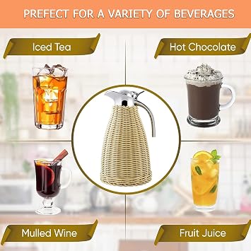 Stainless Steel Thermal Coffee Carafe,Woven Rattan Body,51oz/1.5l/6.5 Cups Double Walled Coffee Carafe,Insulated Coffee Pitcher 12-Hour Heat & 24-Hour Cold Retention
