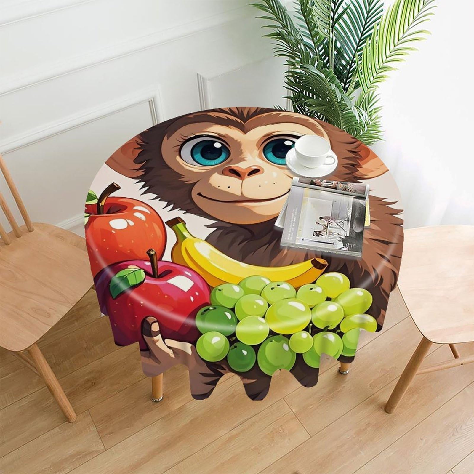 FekiLoot Monkey Holding Fruit Round Tablecloth Cover 60 Inch Wrinkle Free Washable Polyester Fabric Table Cover Decorative Round Table Cloth for Home Dining Kitchen Party Farmhouse