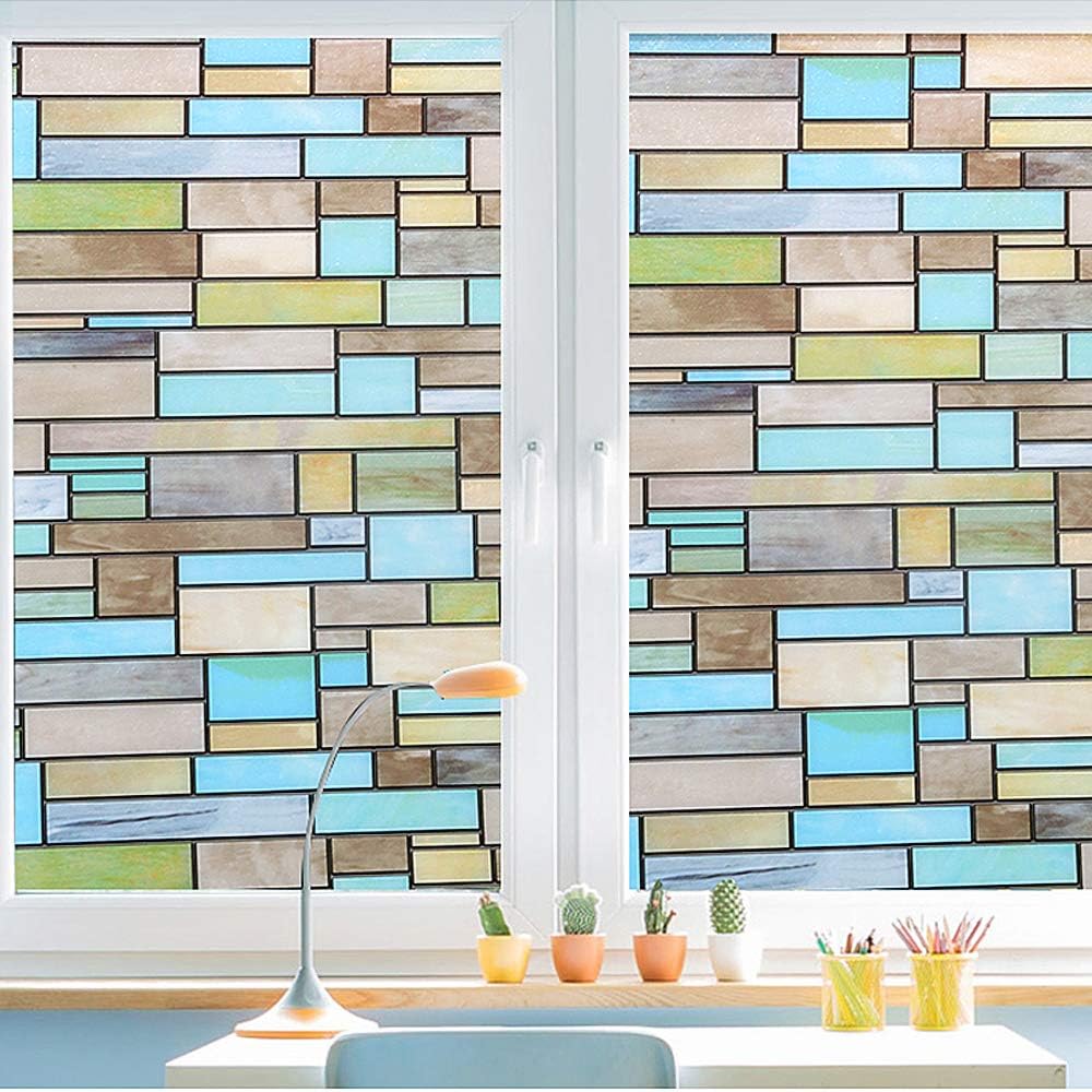 Privacy Window Covering, Stained Glass Effect Window Film No Adhesive Static Cling for Glass Window Decor, Bathroom, Kids Room, Sliding Door - Waterproof, Easy Removal (Bricks, 17.7x78.7 Inches)