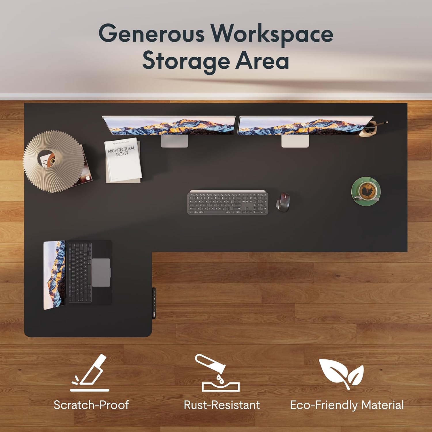 Overhead view of the SANODESK L-shaped desk showing a generous workspace with multiple items and icons for scratch-proof, rust-resistant, and eco-friendly material.