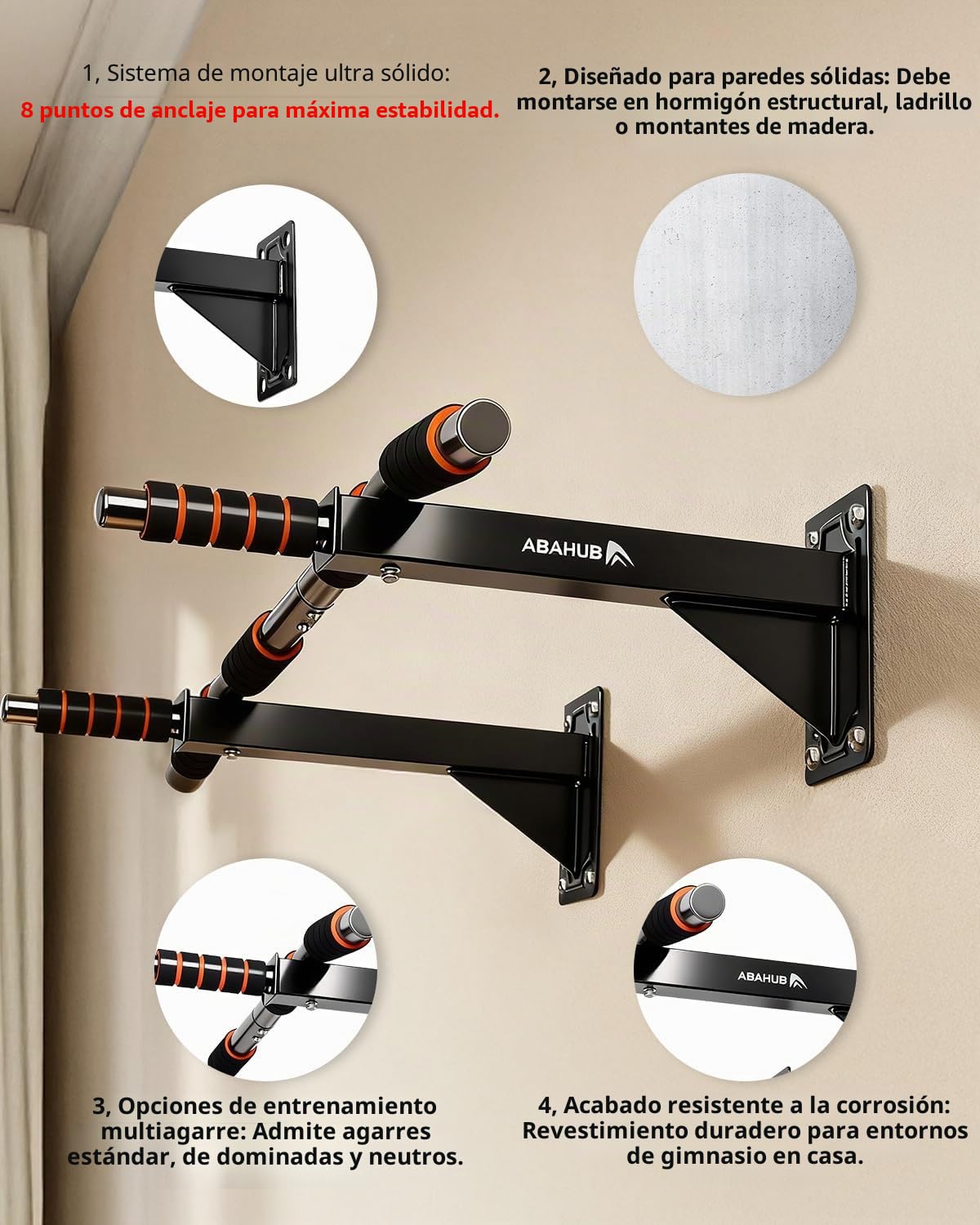Abahub Barra de Dominadas con 3 Agarre y Estructura Triangular, Montaje a Pared (200kg) - Ideal para Calistenia y un Home Gym Seguro – Negro/Naranja